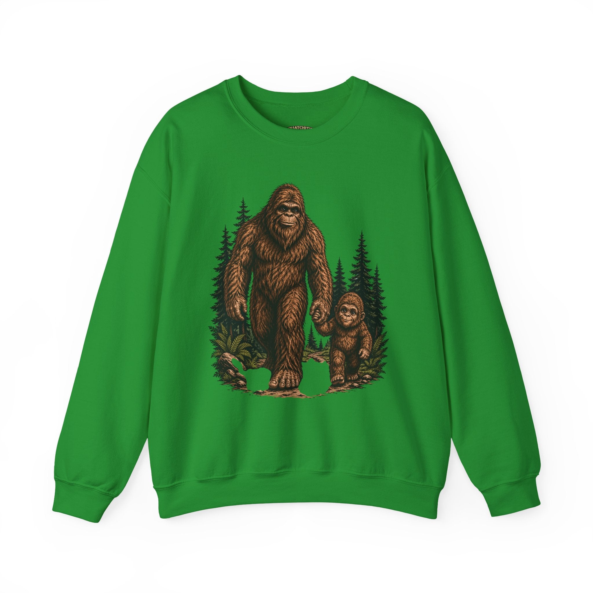 Bigfoot and Boy Walking Through Woods Sweatshirt | Sasquatch Woodland Design