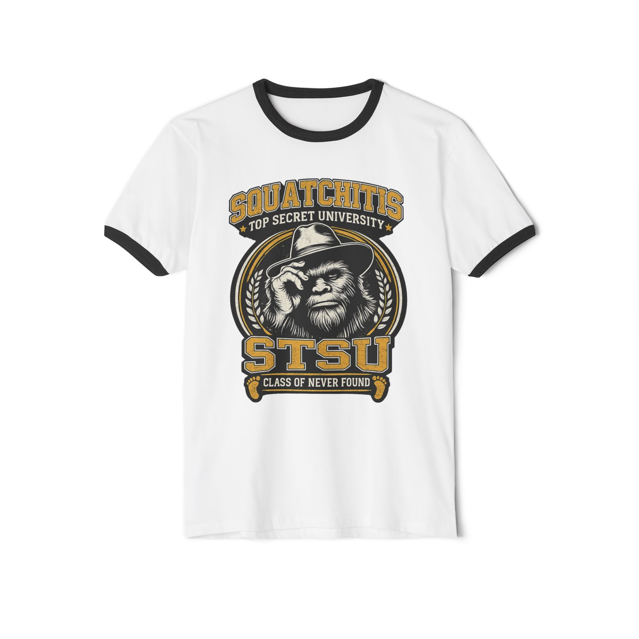 Squatchitis University Ringer T-Shirt | Bigfoot College Logo Tee