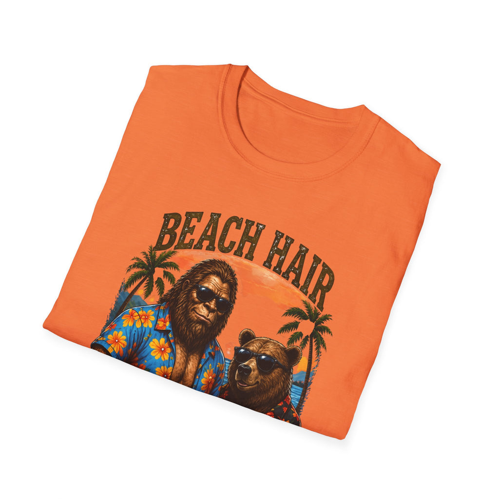 Bigfoot Beach Shirt T-Shirt — "Beach Hair Don't Care" with Hawaiian Bigfoot & Bear