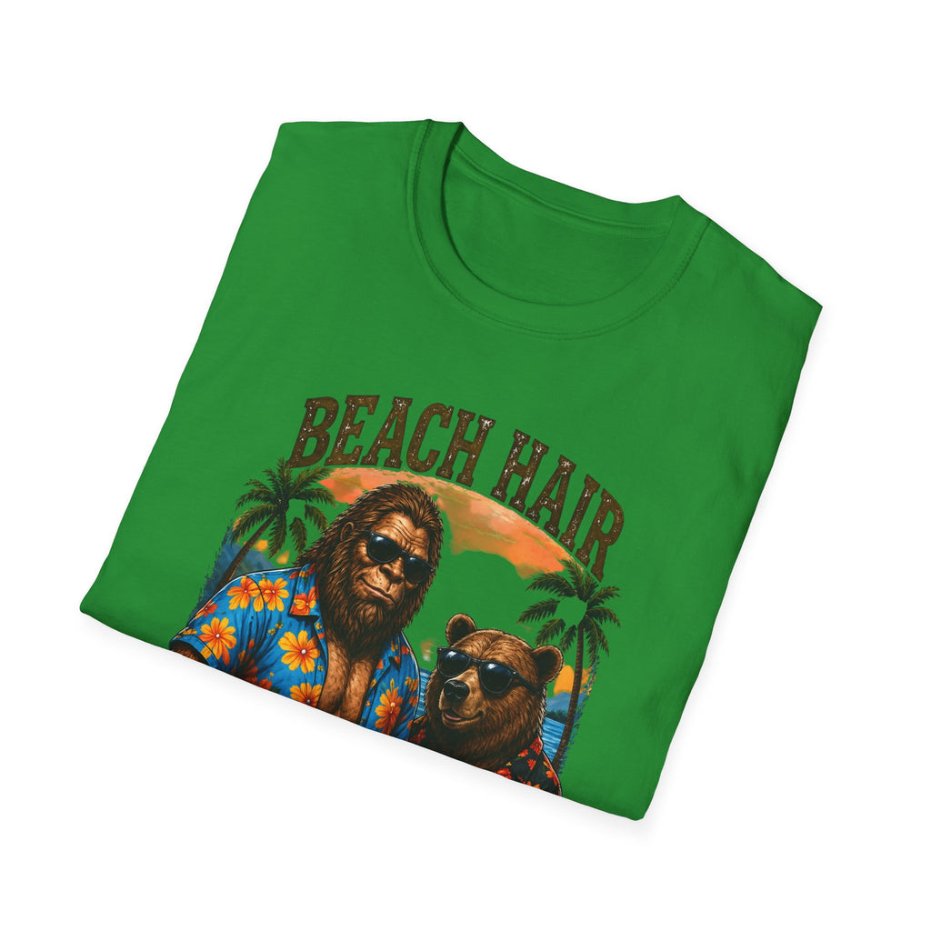 Bigfoot Beach Shirt T-Shirt — "Beach Hair Don't Care" with Hawaiian Bigfoot & Bear