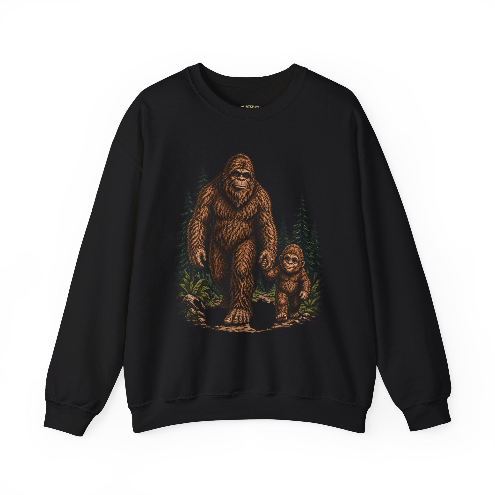 Bigfoot and Boy Walking Through Woods Sweatshirt | Sasquatch Woodland Design