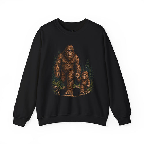 Bigfoot and Boy Walking Through Woods Sweatshirt | Sasquatch Woodland Design