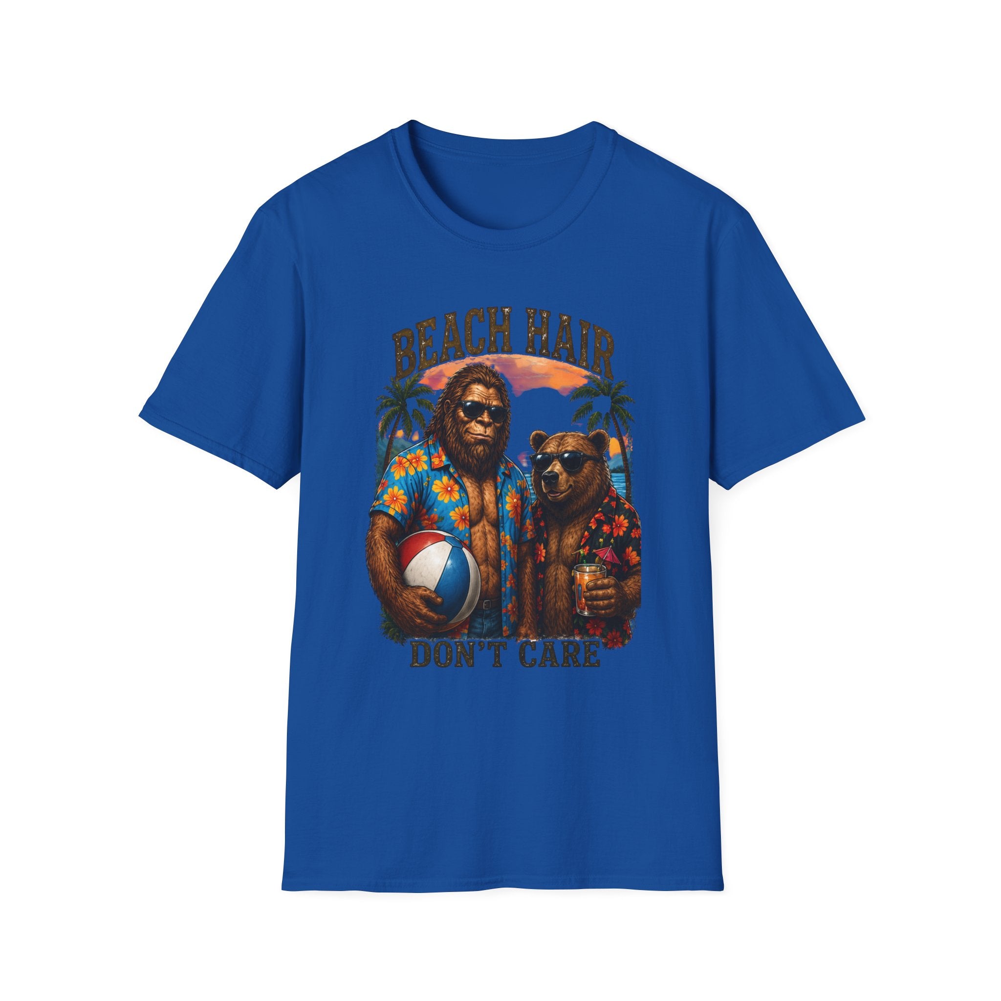 Bigfoot Beach Shirt T-Shirt — "Beach Hair Don't Care" with Hawaiian Bigfoot & Bear