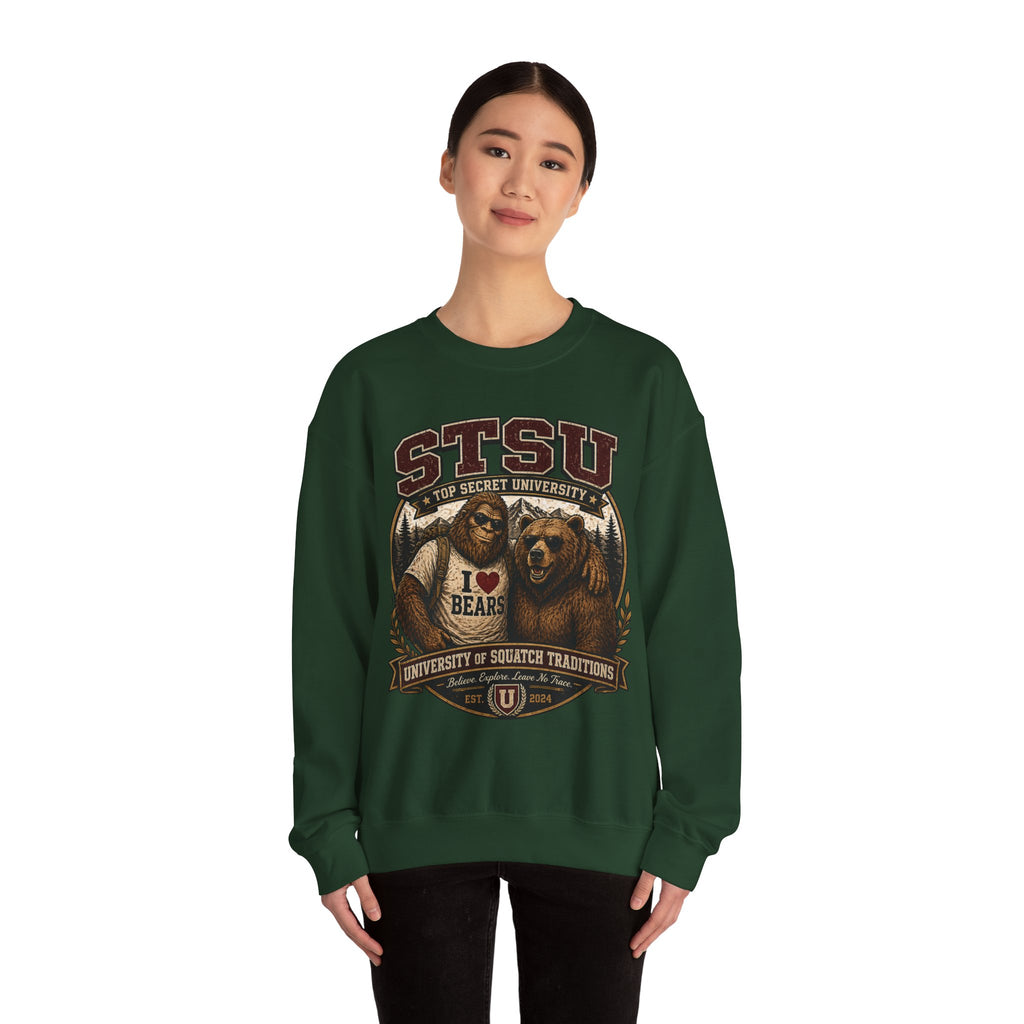 Squatchitis Top Secret University Bigfoot& Bear Crewneck Sweatshirt