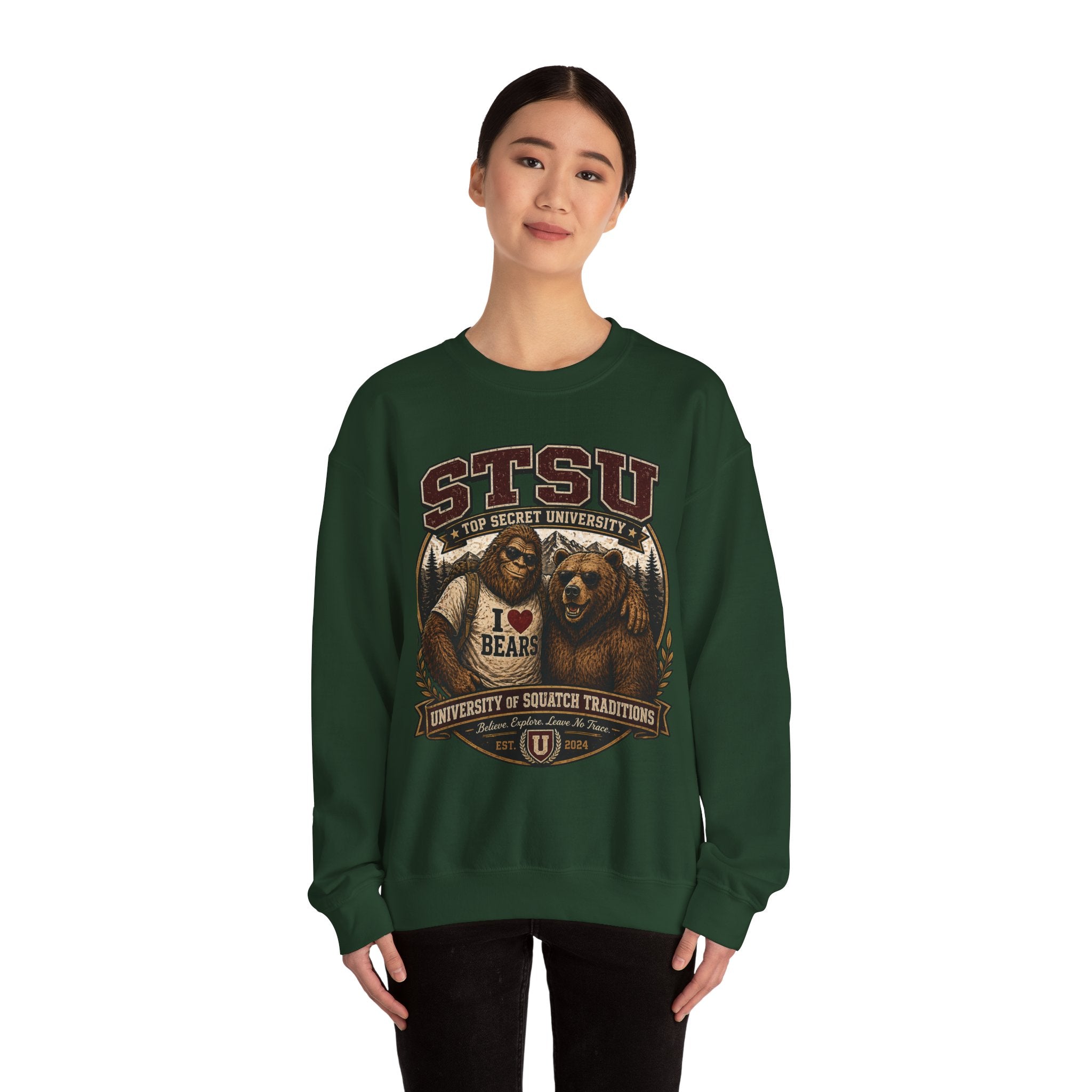 Squatchitis Top Secret University Bigfoot& Bear Crewneck Sweatshirt