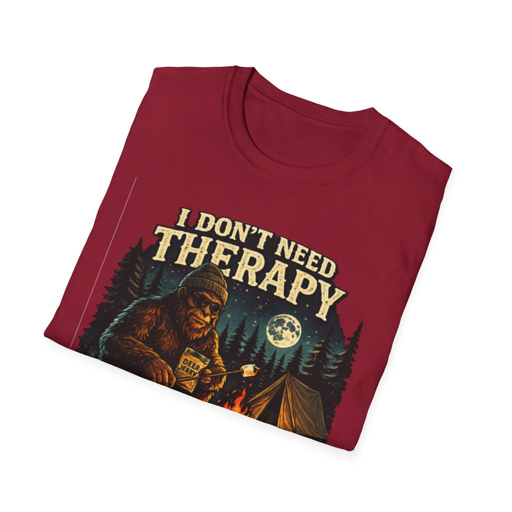 Bigfoot Camping T-Shirt — "I Don't Need Therapy, I Just Need to Go Camping"