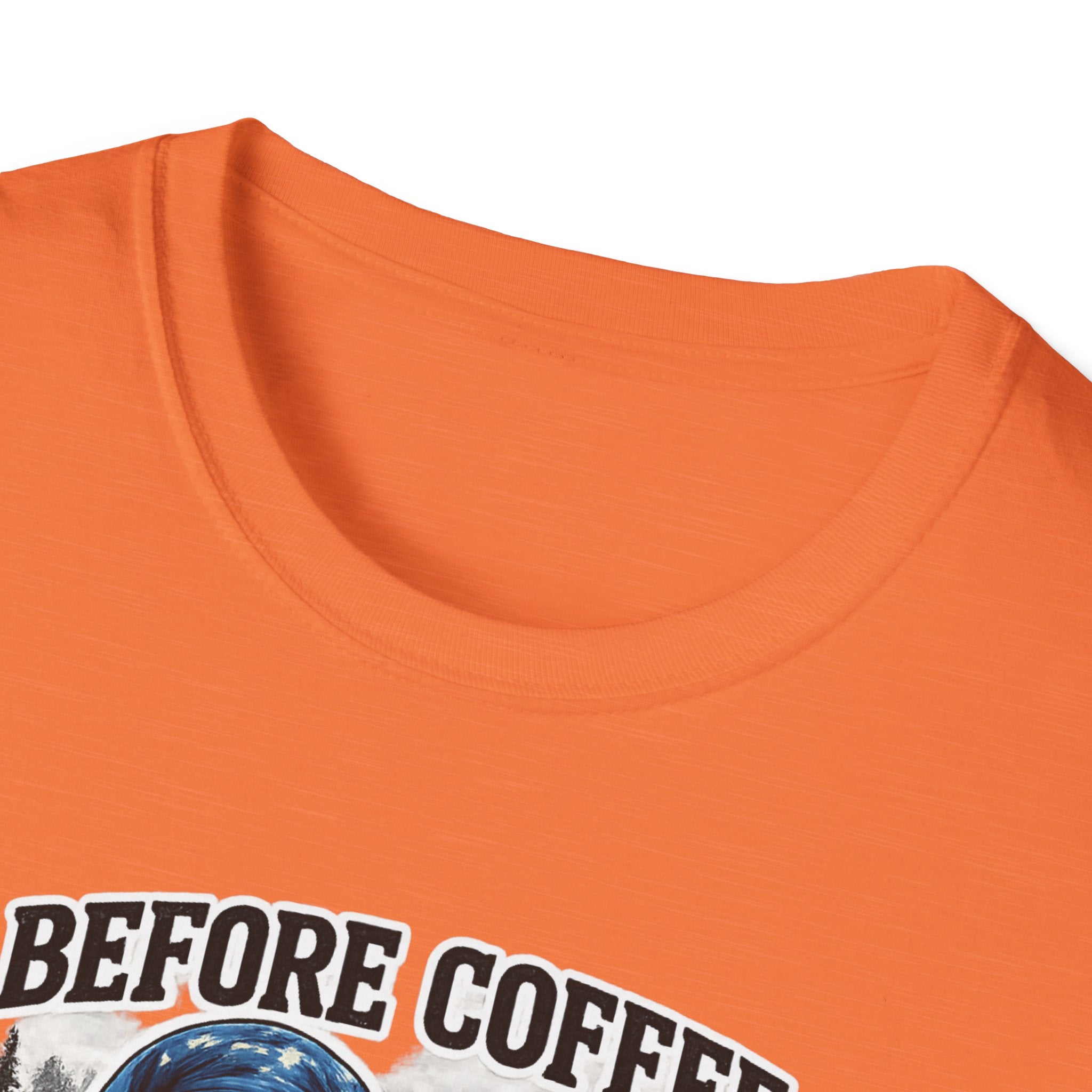 Bigfoot Holding Coffee T-Shirt — "Before Coffee We Are All Humans"