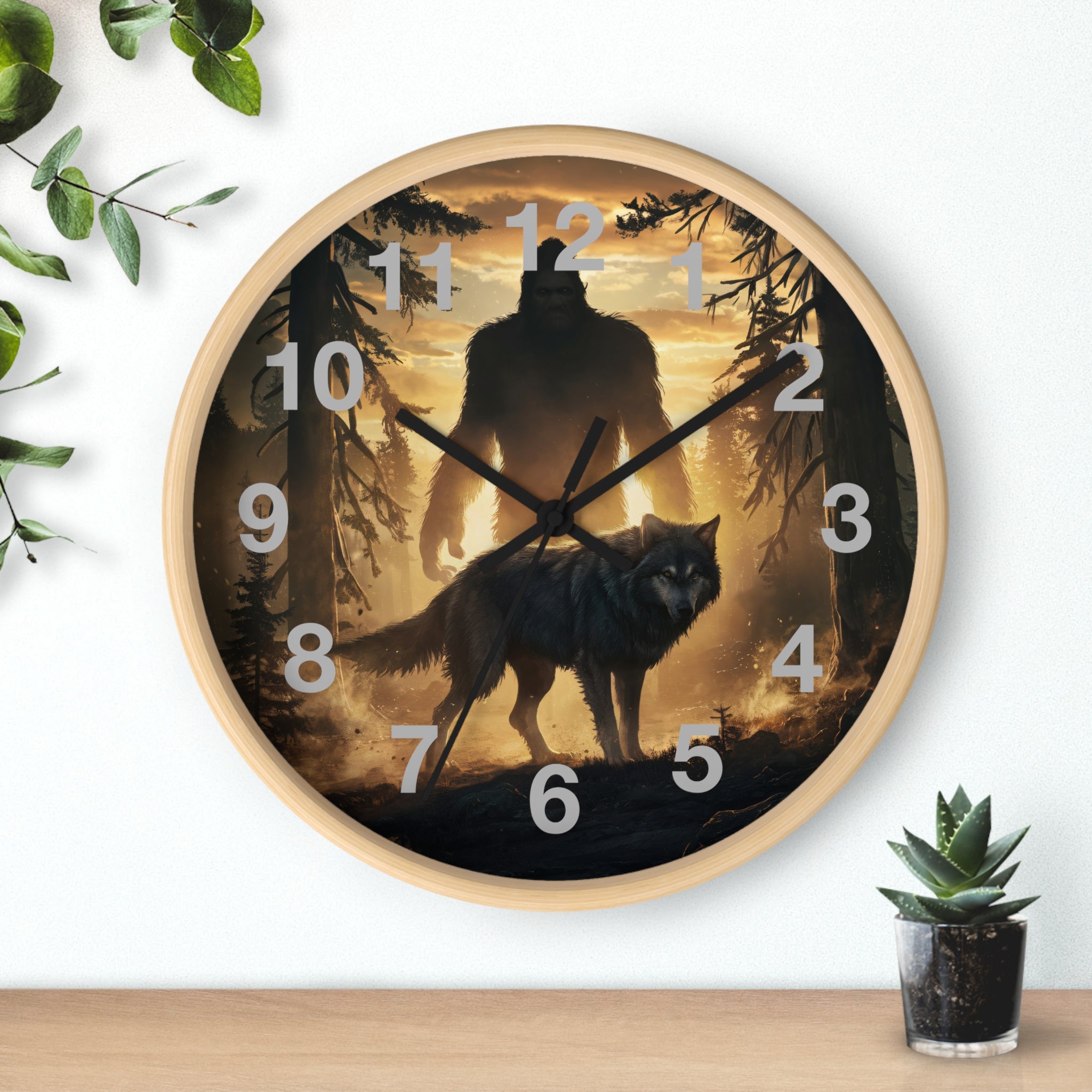 Bigfoot and Wolf Wall Clock — Rustic Cryptid Forest Clock