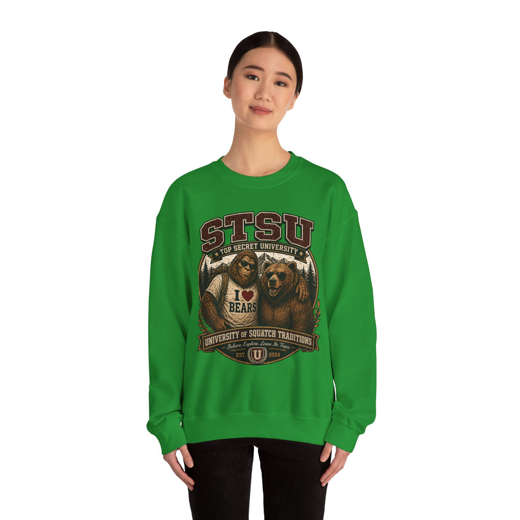 Squatchitis Top Secret University Bigfoot& Bear Crewneck Sweatshirt