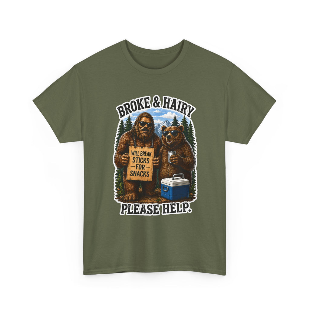 Broke and Harry Bigfoot and Bear Asking for Help T-Shirt | Cartoon Woodland Funny