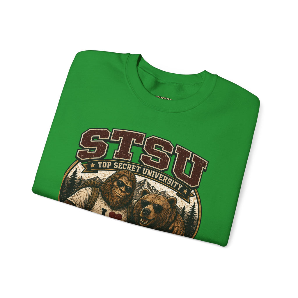 Squatchitis Top Secret University Bigfoot& Bear Crewneck Sweatshirt