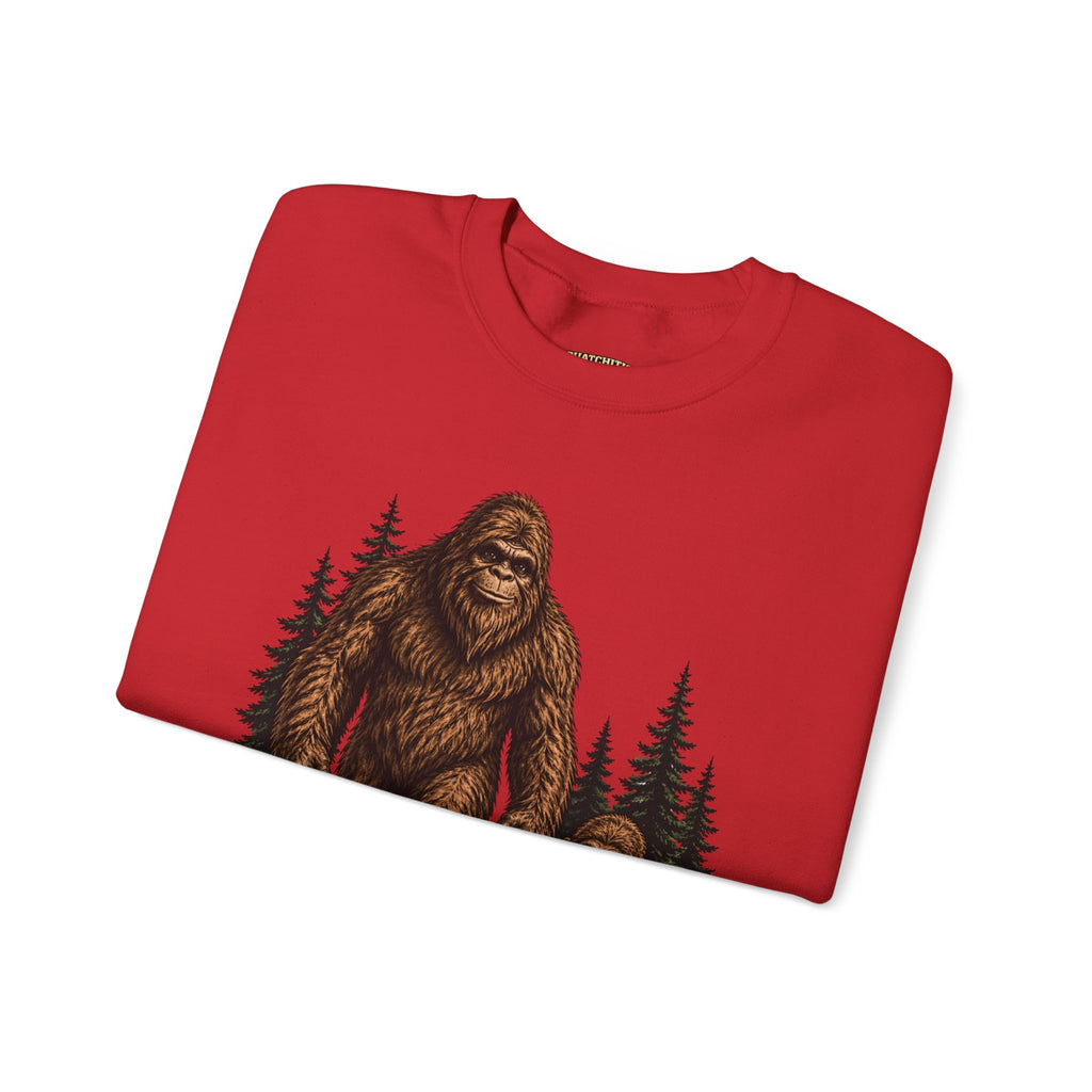Bigfoot and Boy Walking Through Woods Sweatshirt | Sasquatch Woodland Design