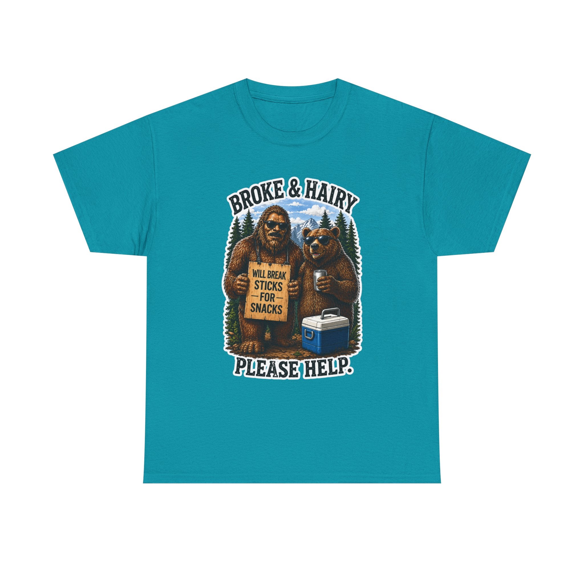 Broke and Harry Bigfoot and Bear Asking for Help T-Shirt | Cartoon Woodland Funny