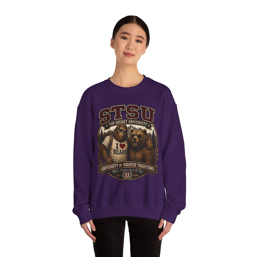 Squatchitis Top Secret University Bigfoot& Bear Crewneck Sweatshirt
