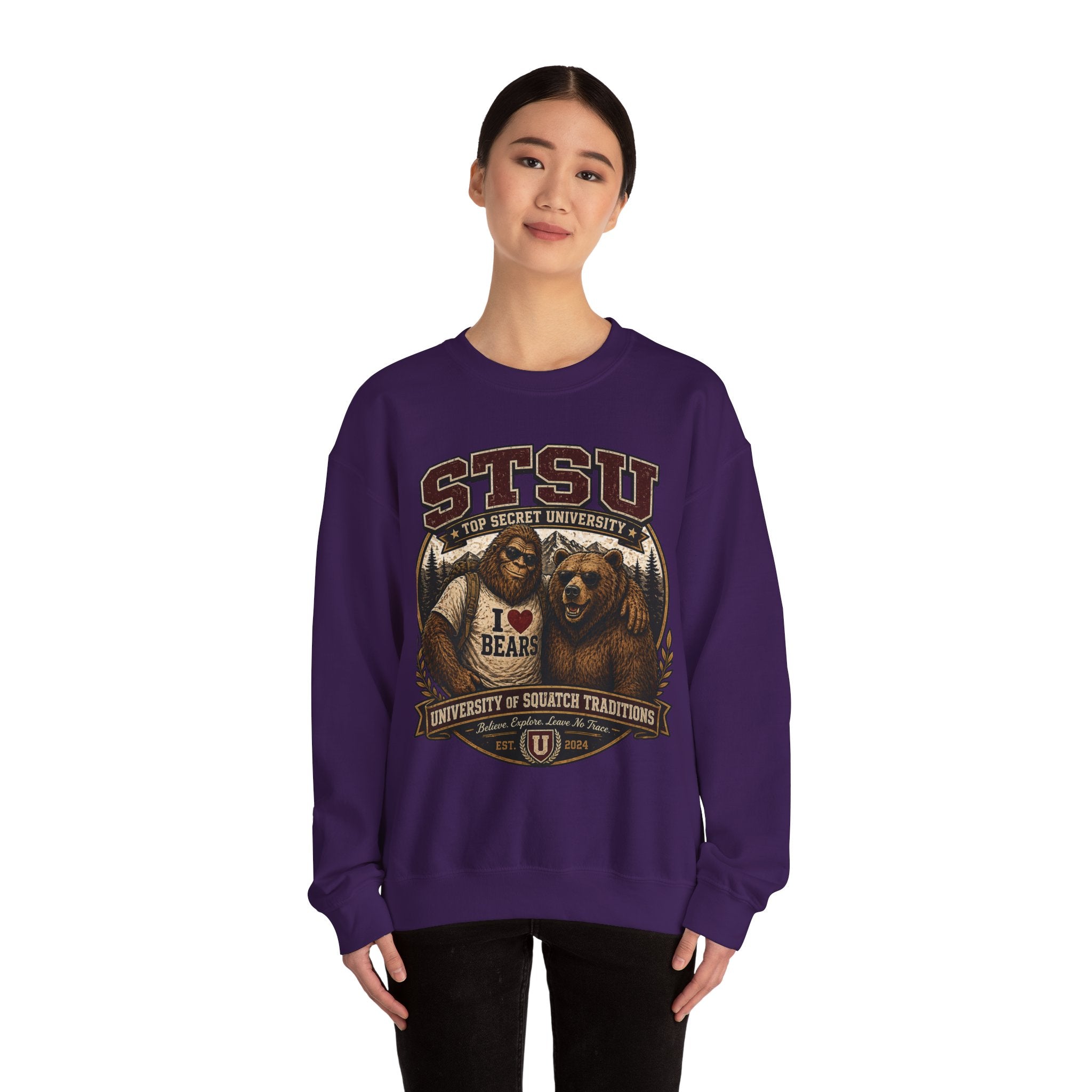 Squatchitis Top Secret University Bigfoot& Bear Crewneck Sweatshirt