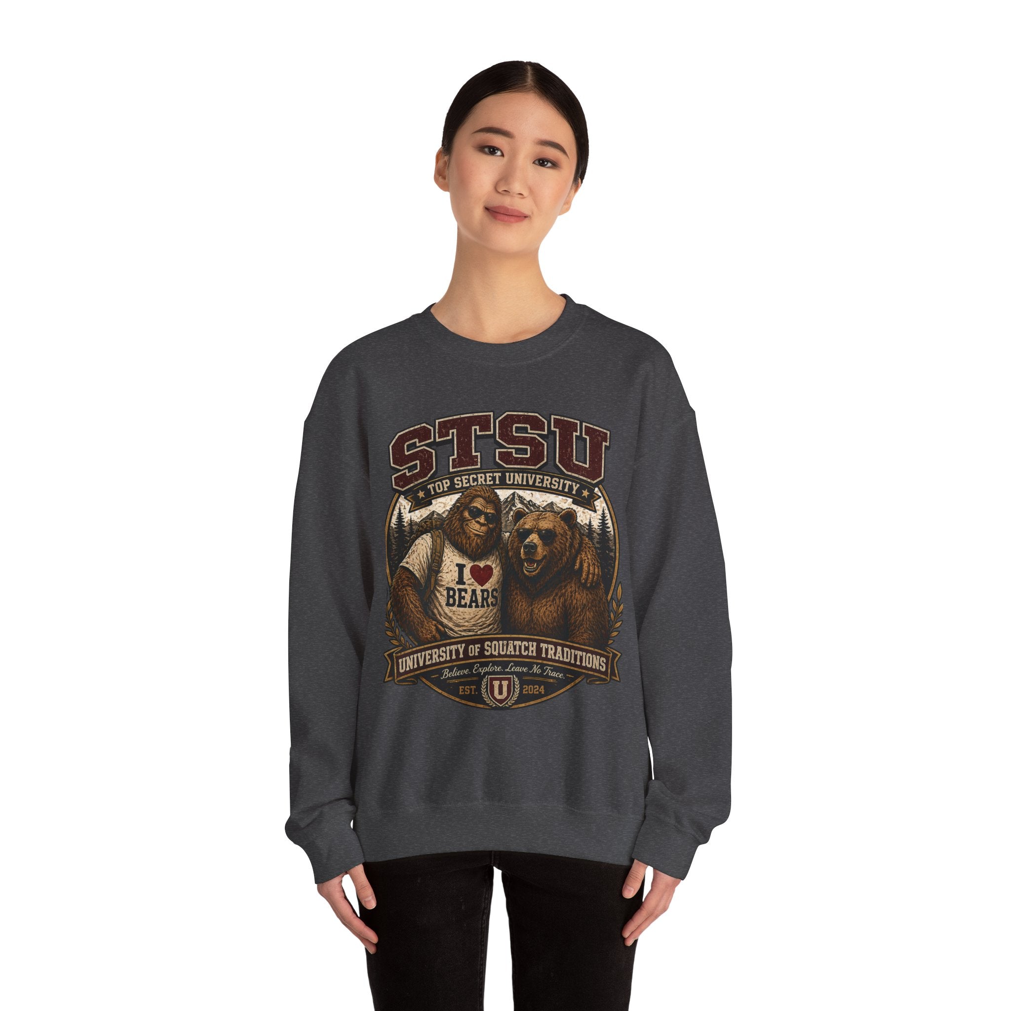Squatchitis Top Secret University Bigfoot& Bear Crewneck Sweatshirt