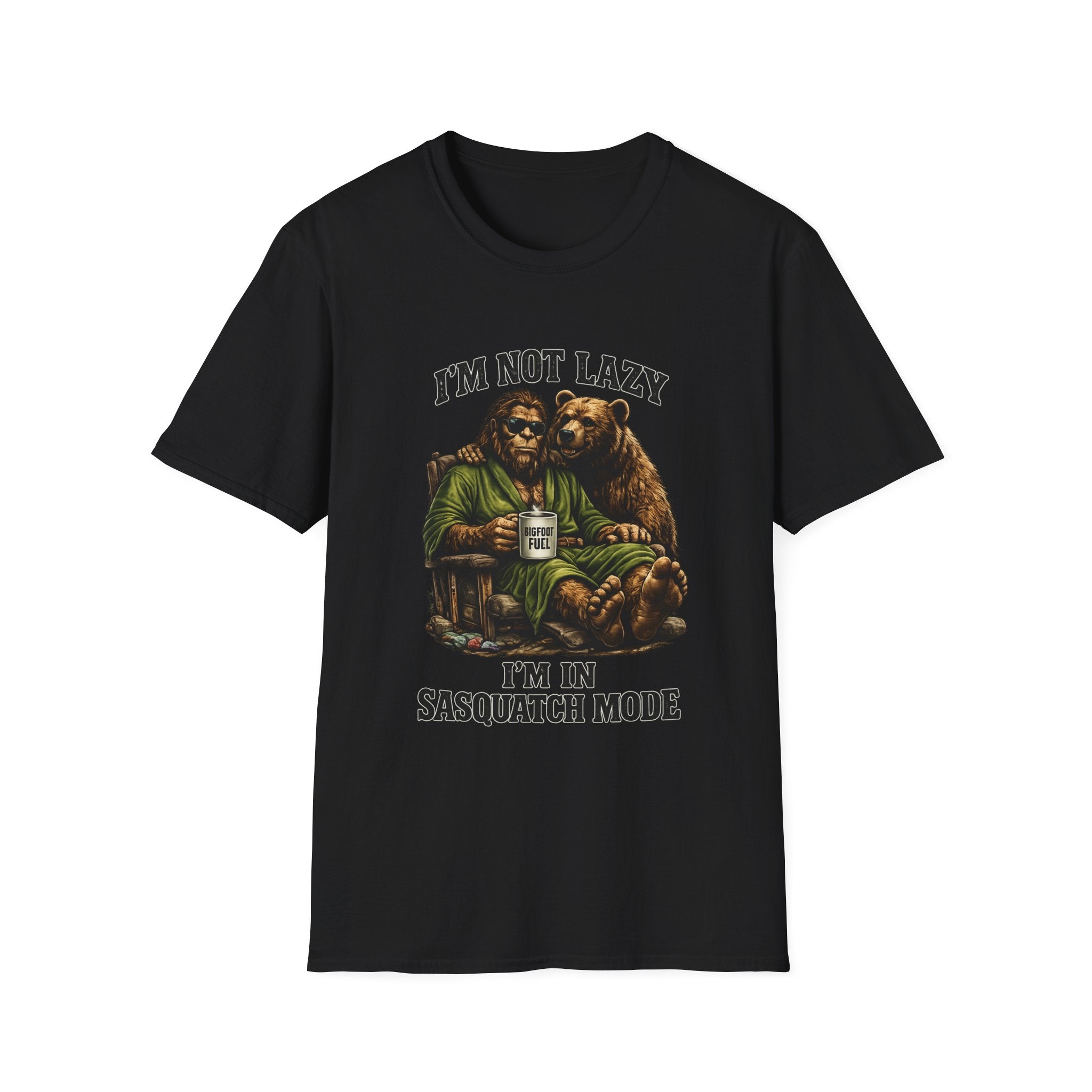 Squatch Mode Bigfoot with Coffee T-Shirt | Sasquatch Sitting with Bear Buddy