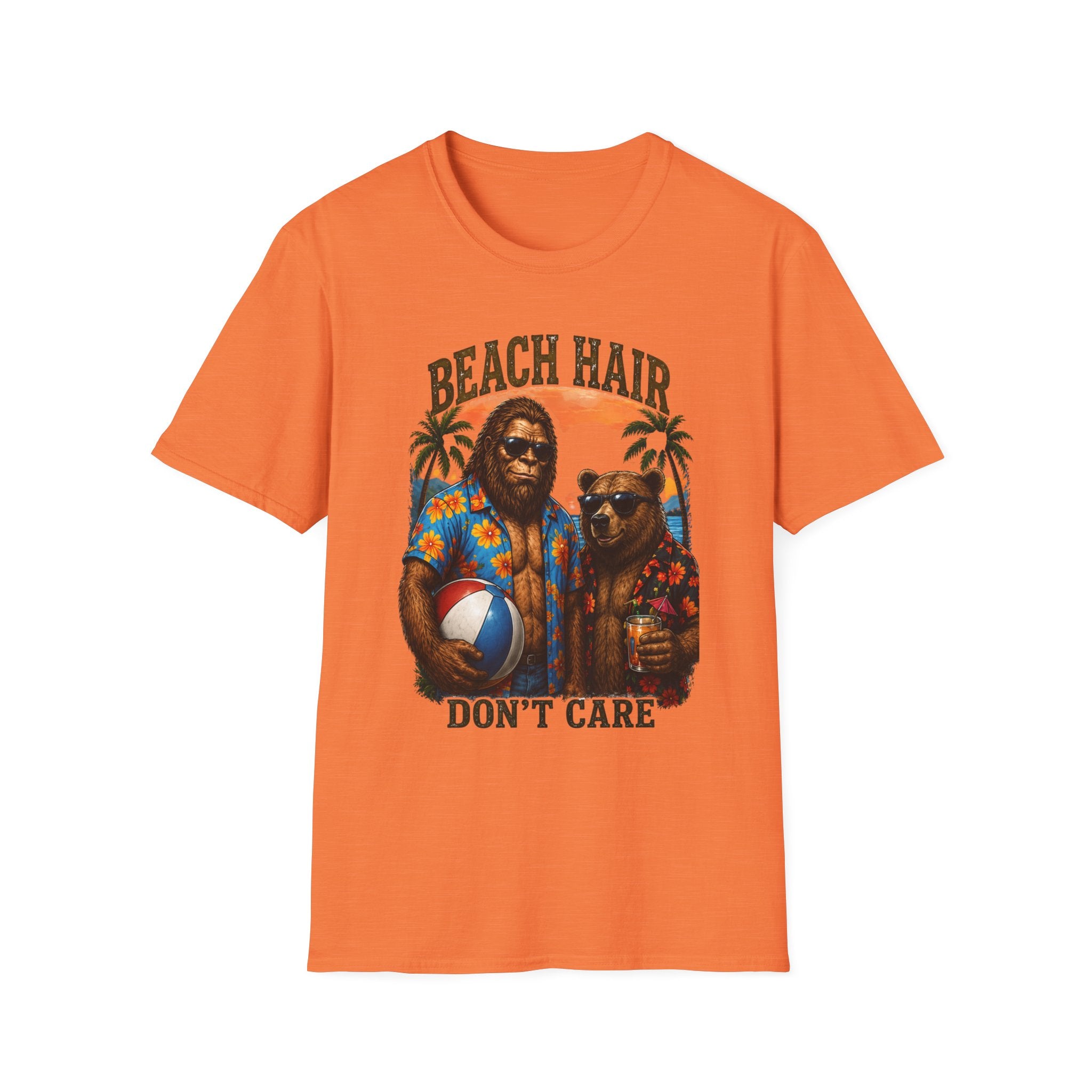 Bigfoot Beach Shirt T-Shirt — "Beach Hair Don't Care" with Hawaiian Bigfoot & Bear