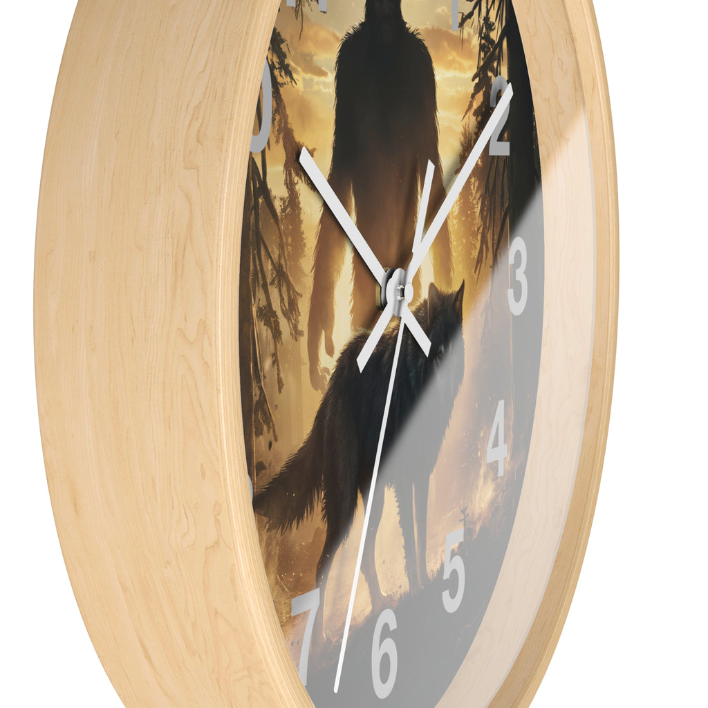 Bigfoot and Wolf Wall Clock — Rustic Cryptid Forest Clock