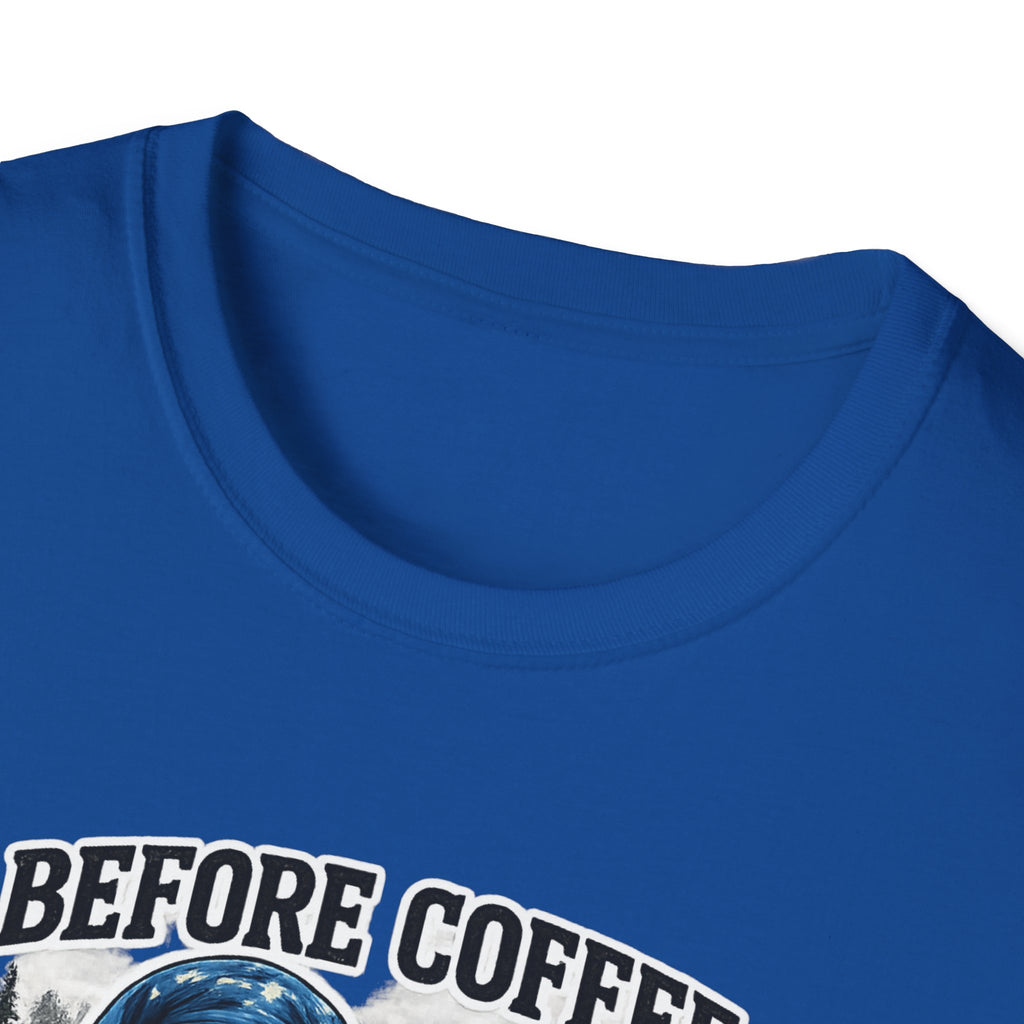 Bigfoot Holding Coffee T-Shirt — "Before Coffee We Are All Humans"