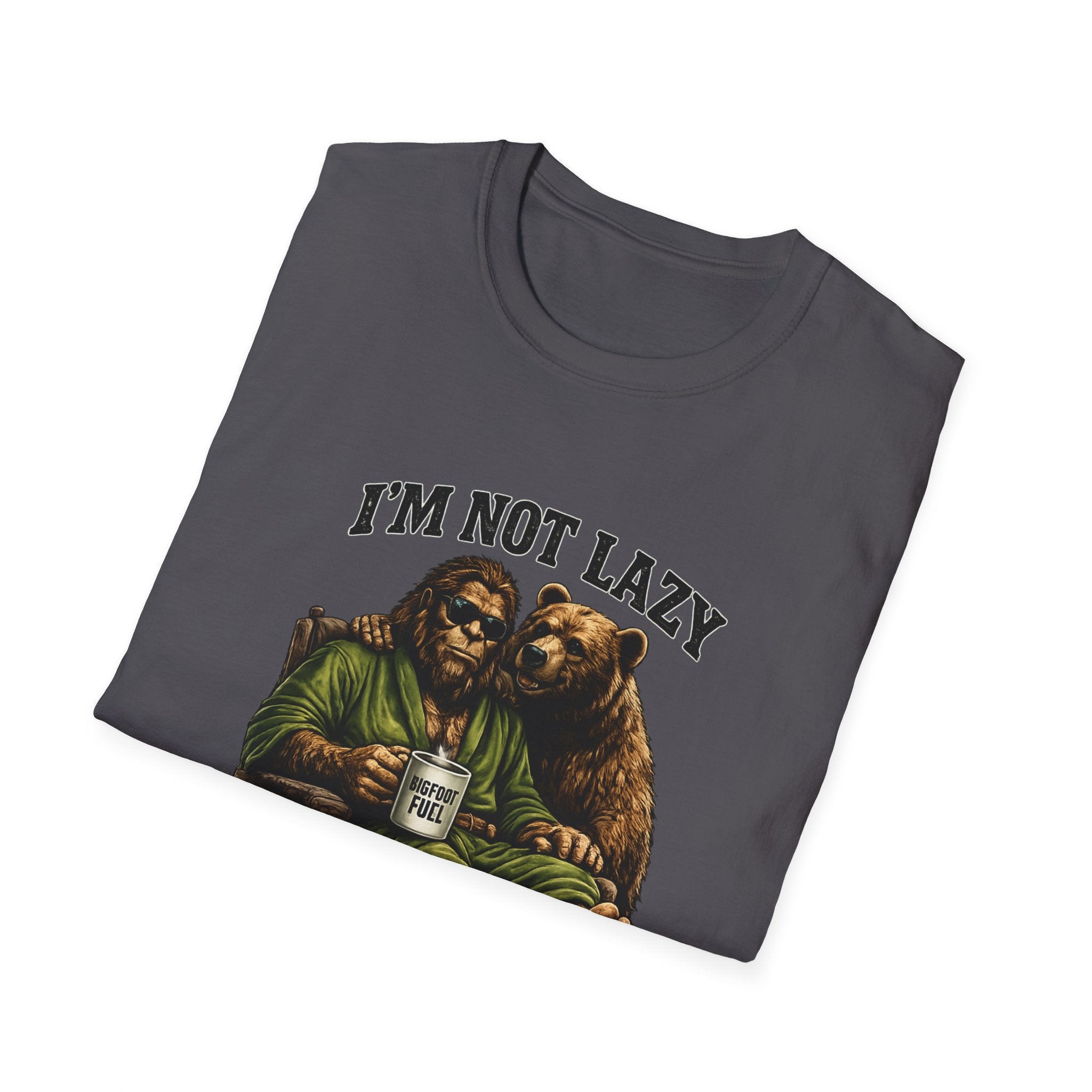 Squatch Mode Bigfoot with Coffee T-Shirt | Sasquatch Sitting with Bear Buddy