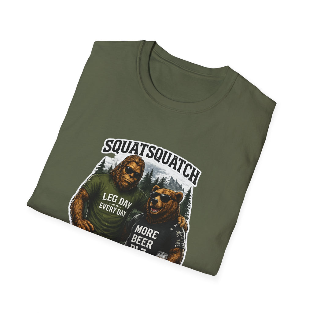 Bigfoot Leg Day T-Shirt — "Squat Squatch" Gym Humor with Beer Buddy