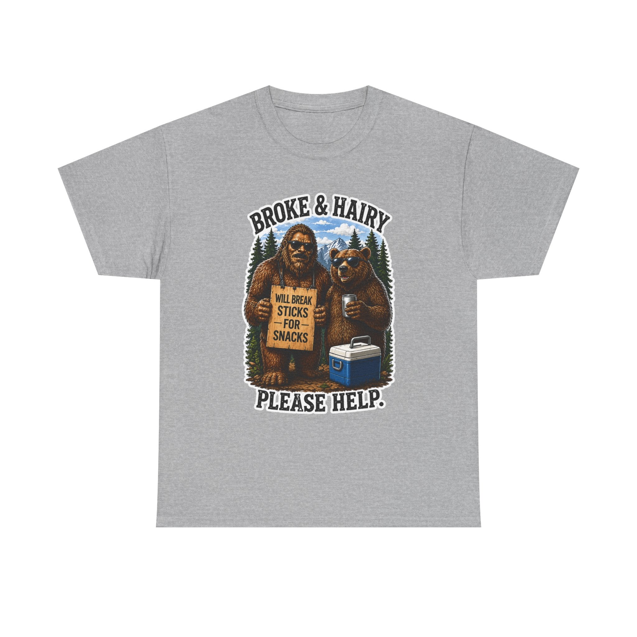 Broke and Harry Bigfoot and Bear Asking for Help T-Shirt | Cartoon Woodland Funny