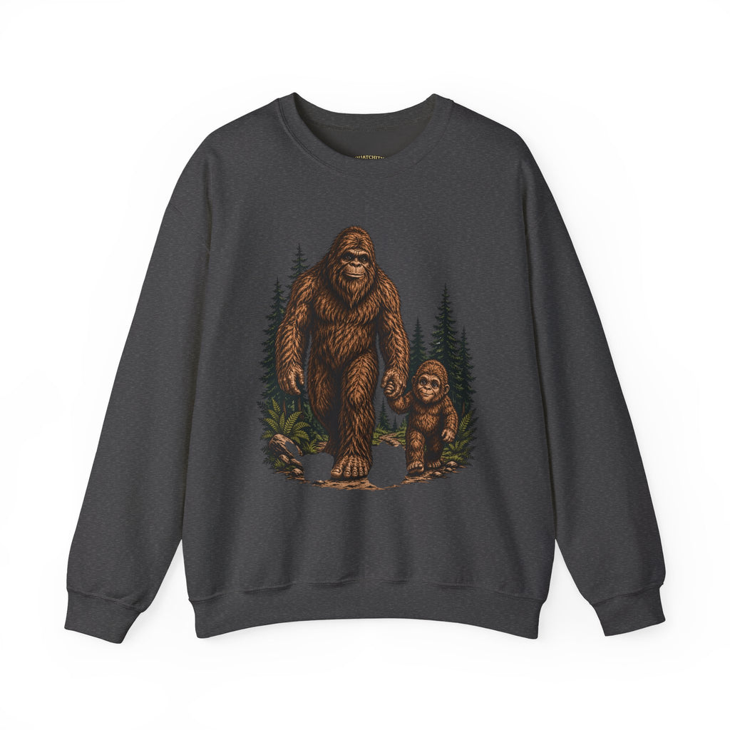 Bigfoot and Boy Walking Through Woods Sweatshirt | Sasquatch Woodland Design