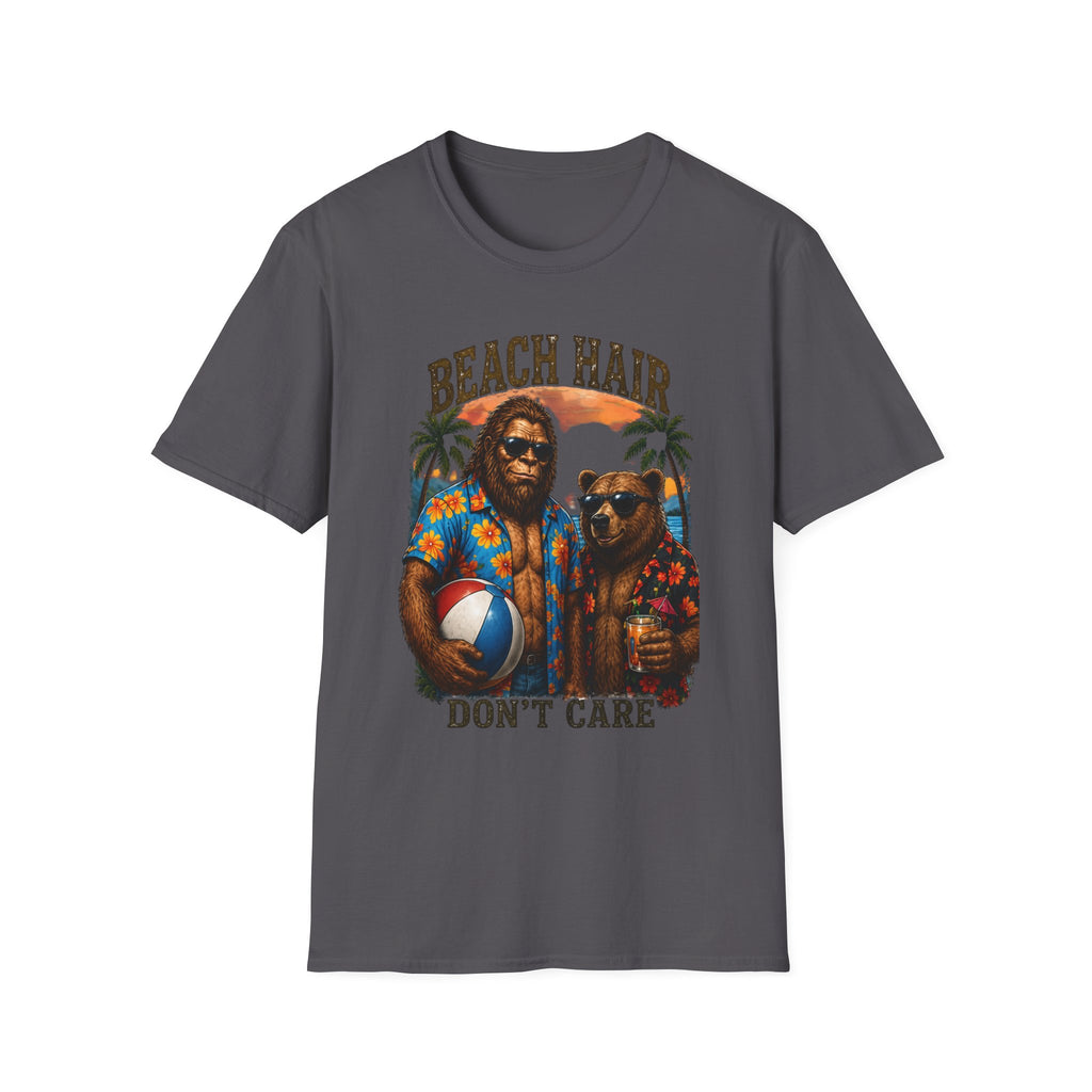 Bigfoot Beach Shirt T-Shirt — "Beach Hair Don't Care" with Hawaiian Bigfoot & Bear