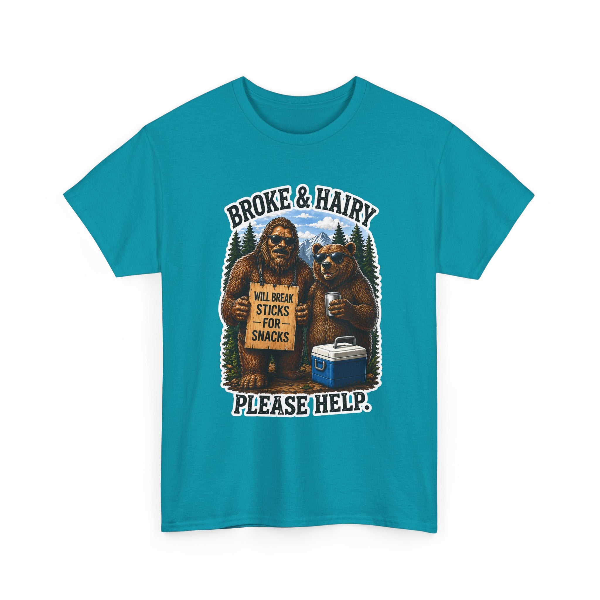 Broke and Harry Bigfoot and Bear Asking for Help T-Shirt | Cartoon Woodland Funny