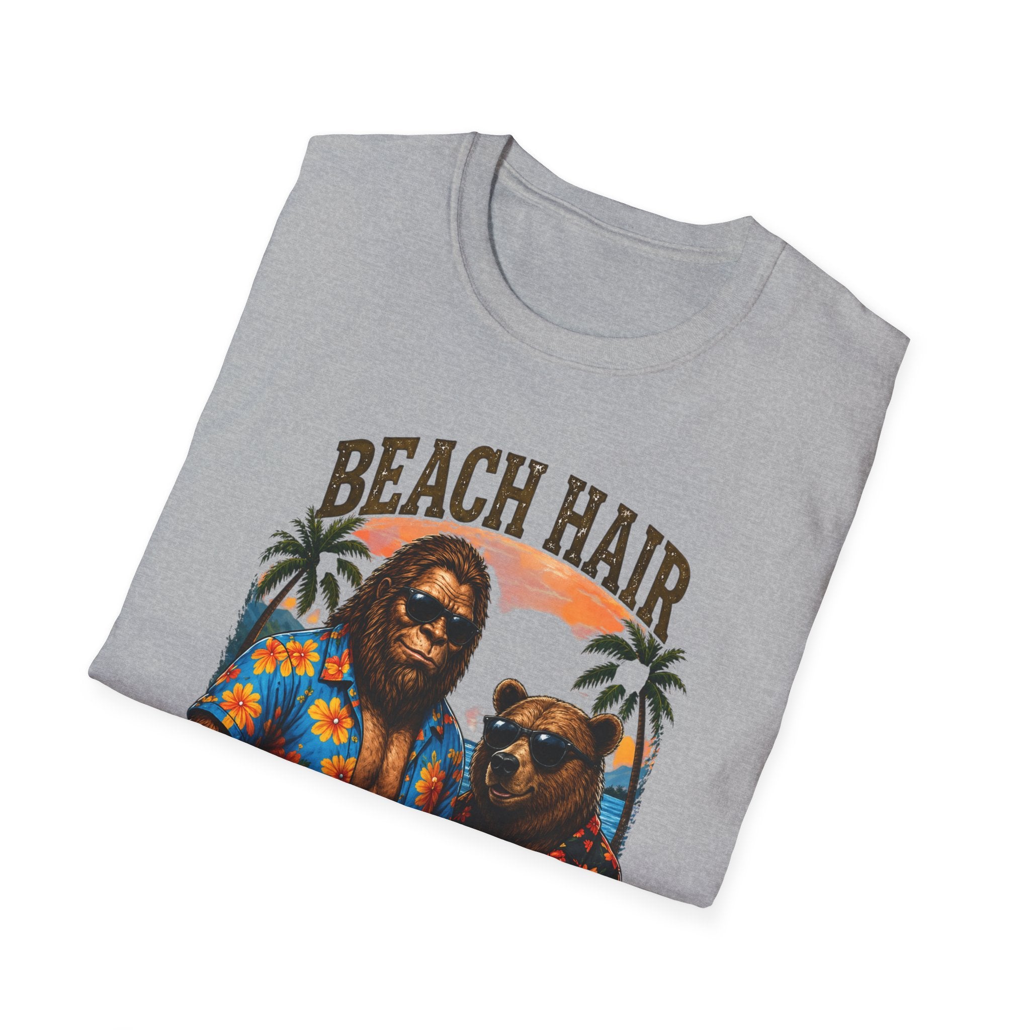 Bigfoot Beach Shirt T-Shirt — "Beach Hair Don't Care" with Hawaiian Bigfoot & Bear