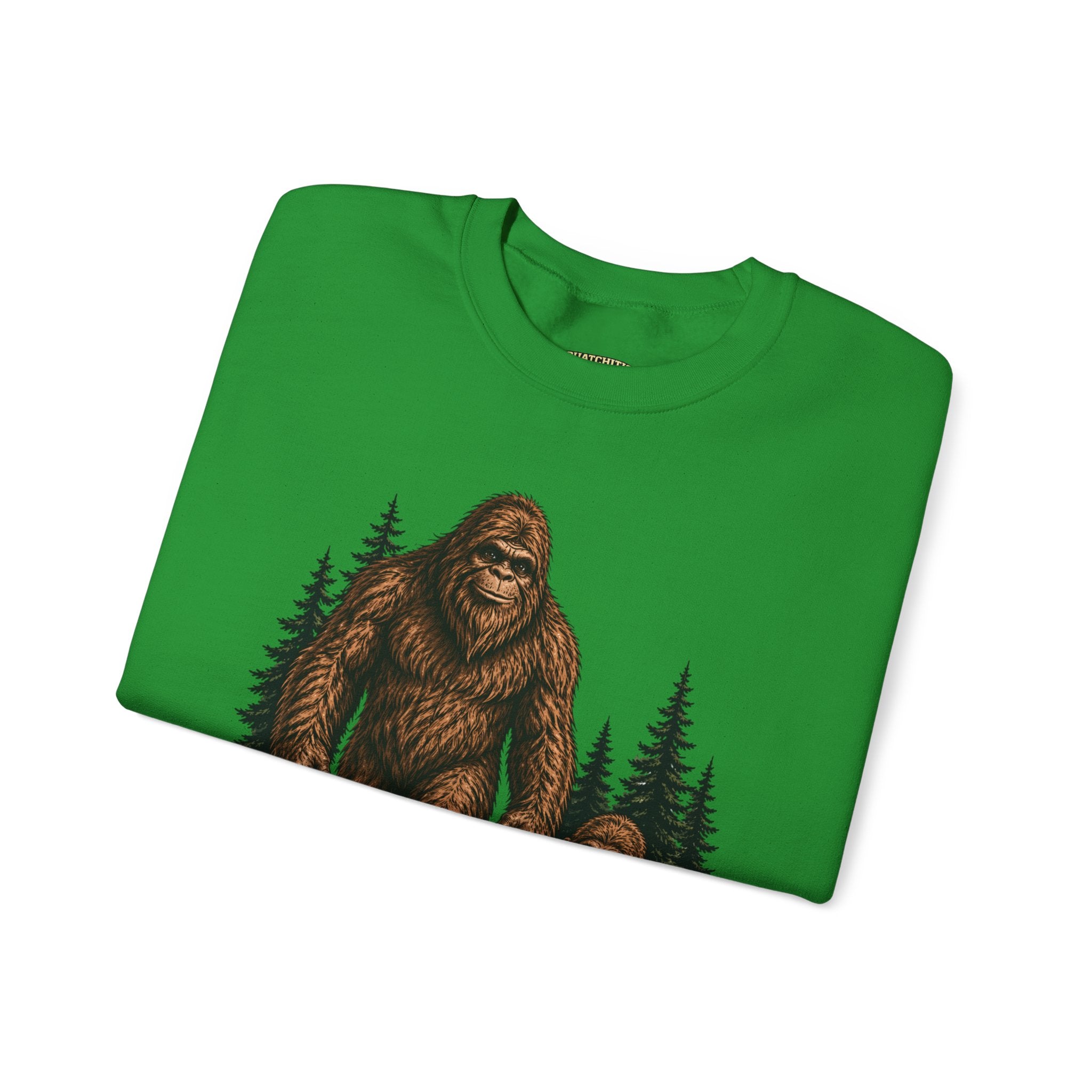 Bigfoot and Boy Walking Through Woods Sweatshirt | Sasquatch Woodland Design