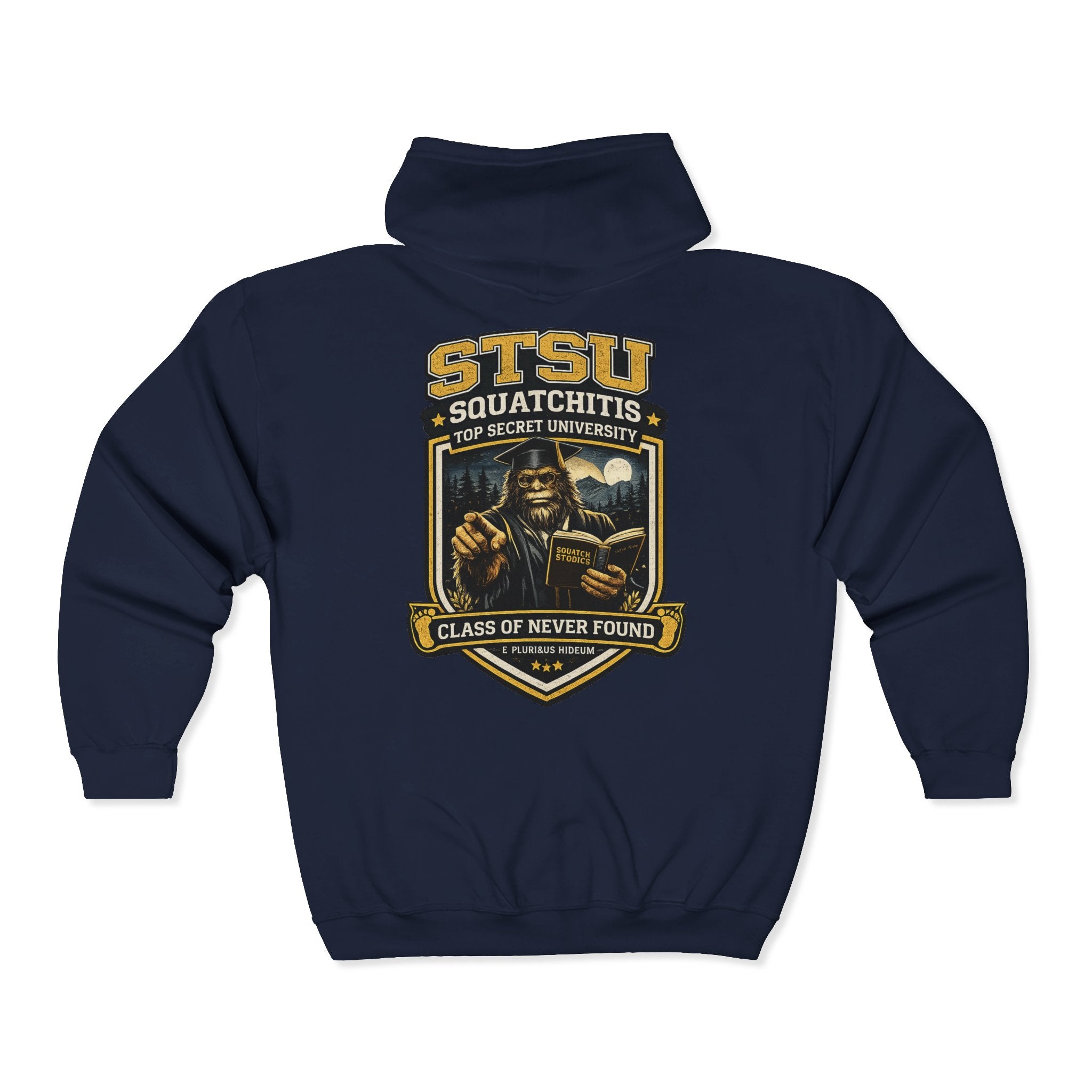 Sasquatch in Cap and Gown Hoodie | STSU Squatchitis University Bigfoot Graduation