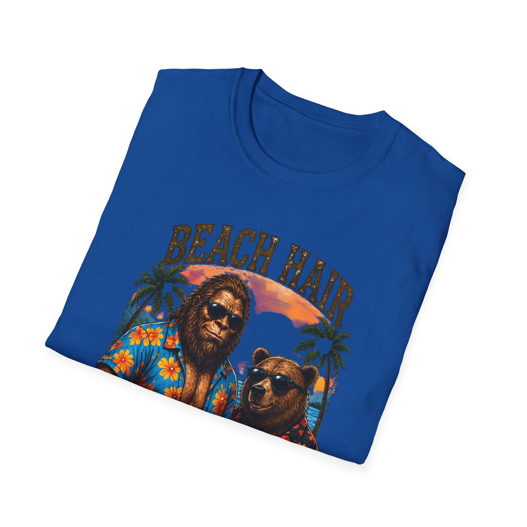 Bigfoot Beach Shirt T-Shirt — "Beach Hair Don't Care" with Hawaiian Bigfoot & Bear