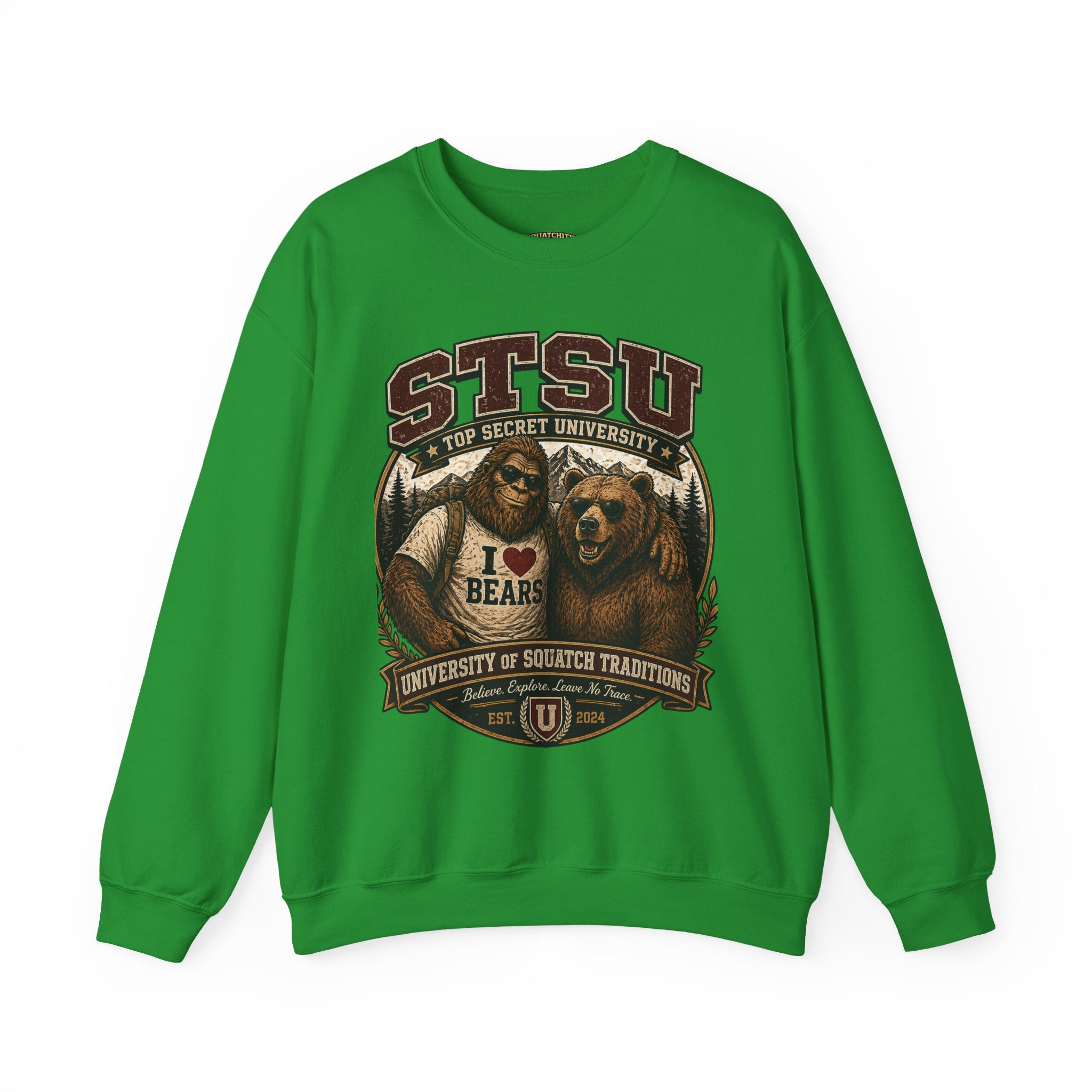 Squatchitis Top Secret University Bigfoot& Bear Crewneck Sweatshirt