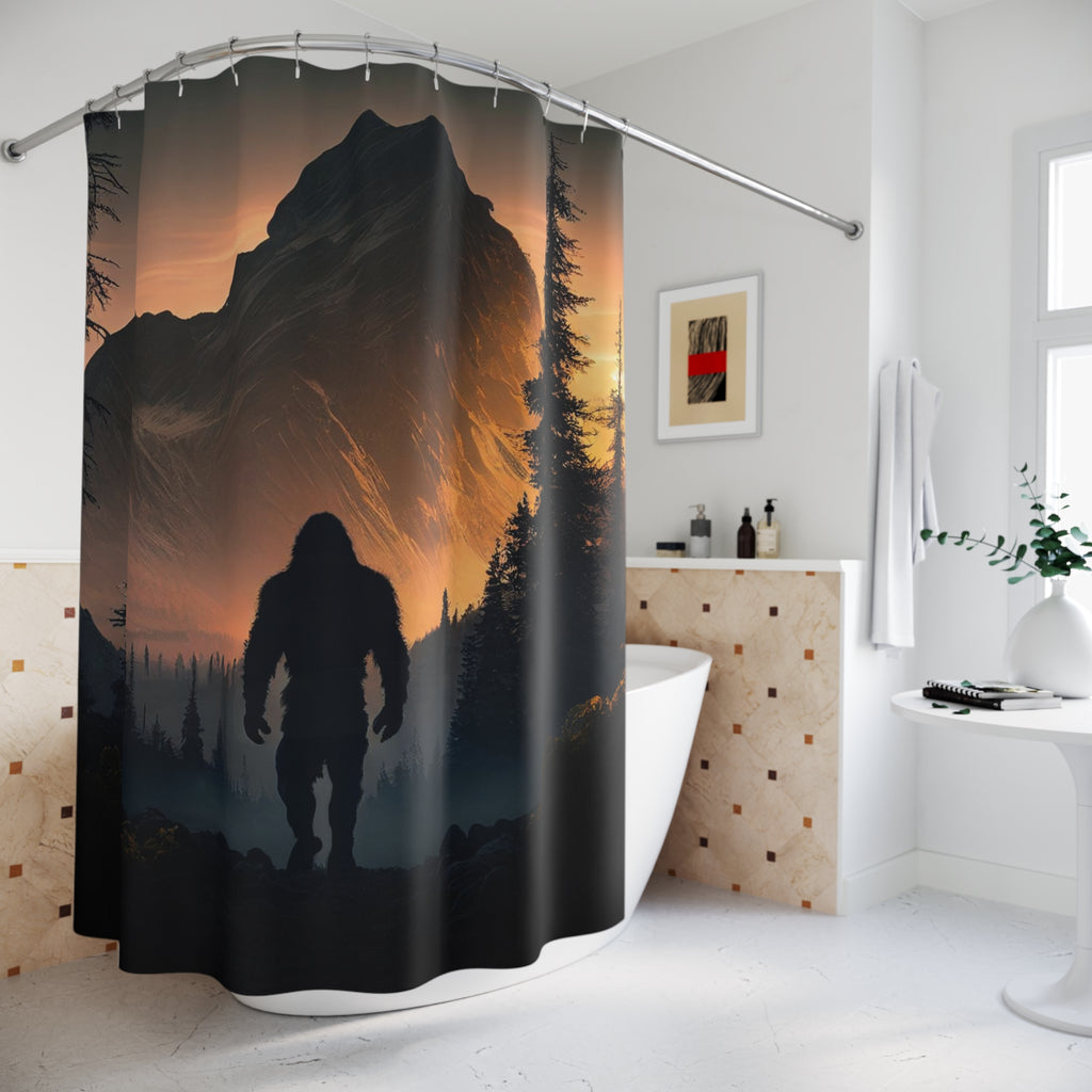 Bigfoot and wolf Sunset Shower Curtain