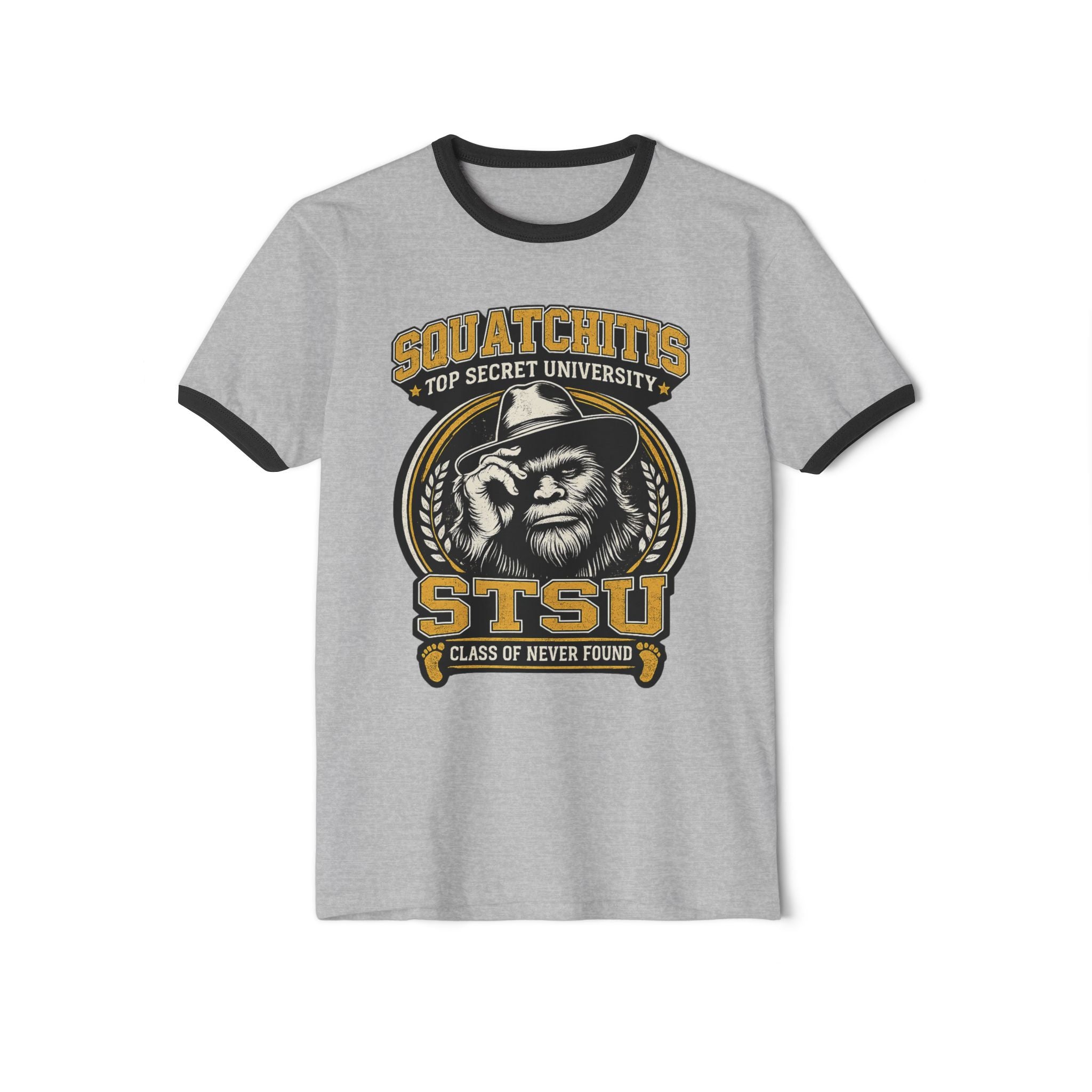 Squatchitis University Ringer T-Shirt | Bigfoot College Logo Tee