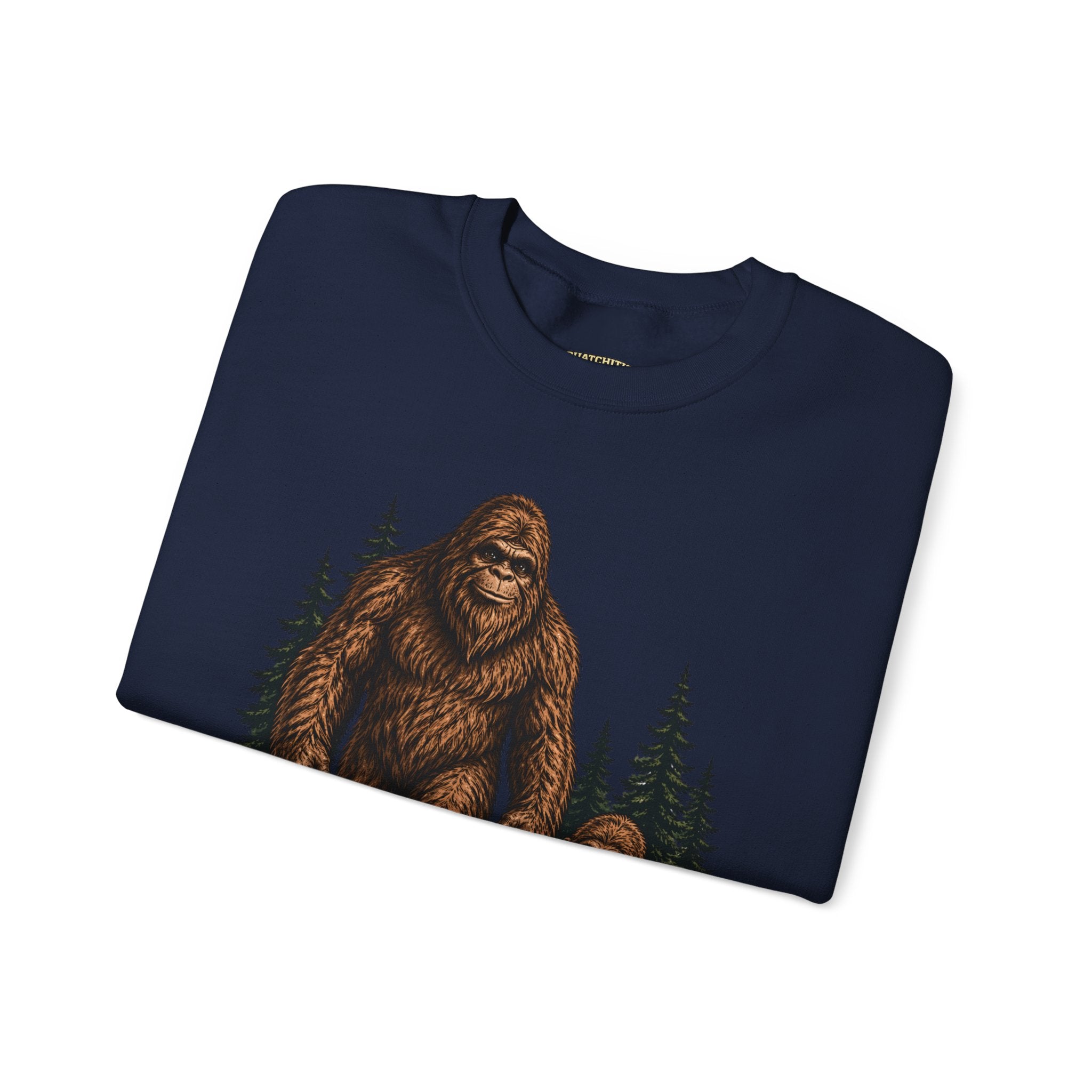 Bigfoot and Boy Walking Through Woods Sweatshirt | Sasquatch Woodland Design