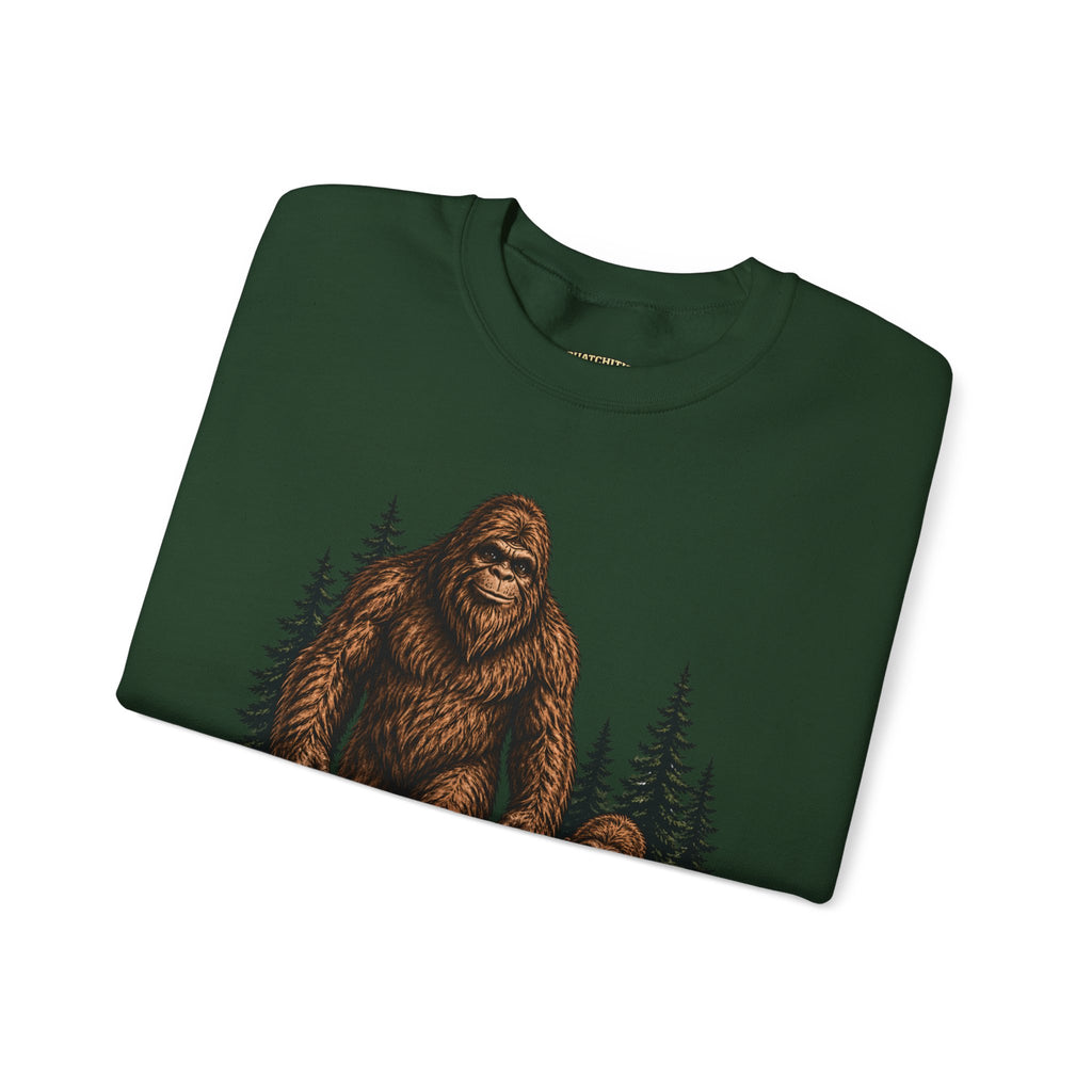 Bigfoot and Boy Walking Through Woods Sweatshirt | Sasquatch Woodland Design