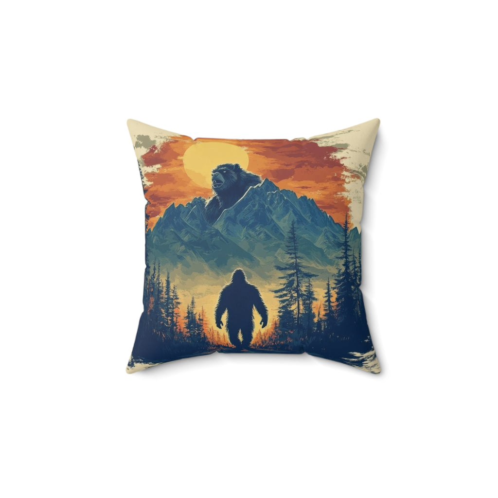 Bigfoot Mountains Faux Suede Square Pillow | Sasquatch Mountain Scene Cushion