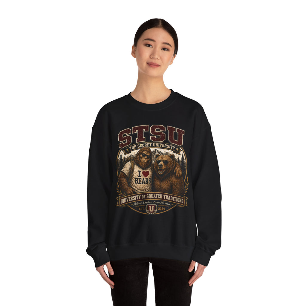 Squatchitis Top Secret University Bigfoot& Bear Crewneck Sweatshirt