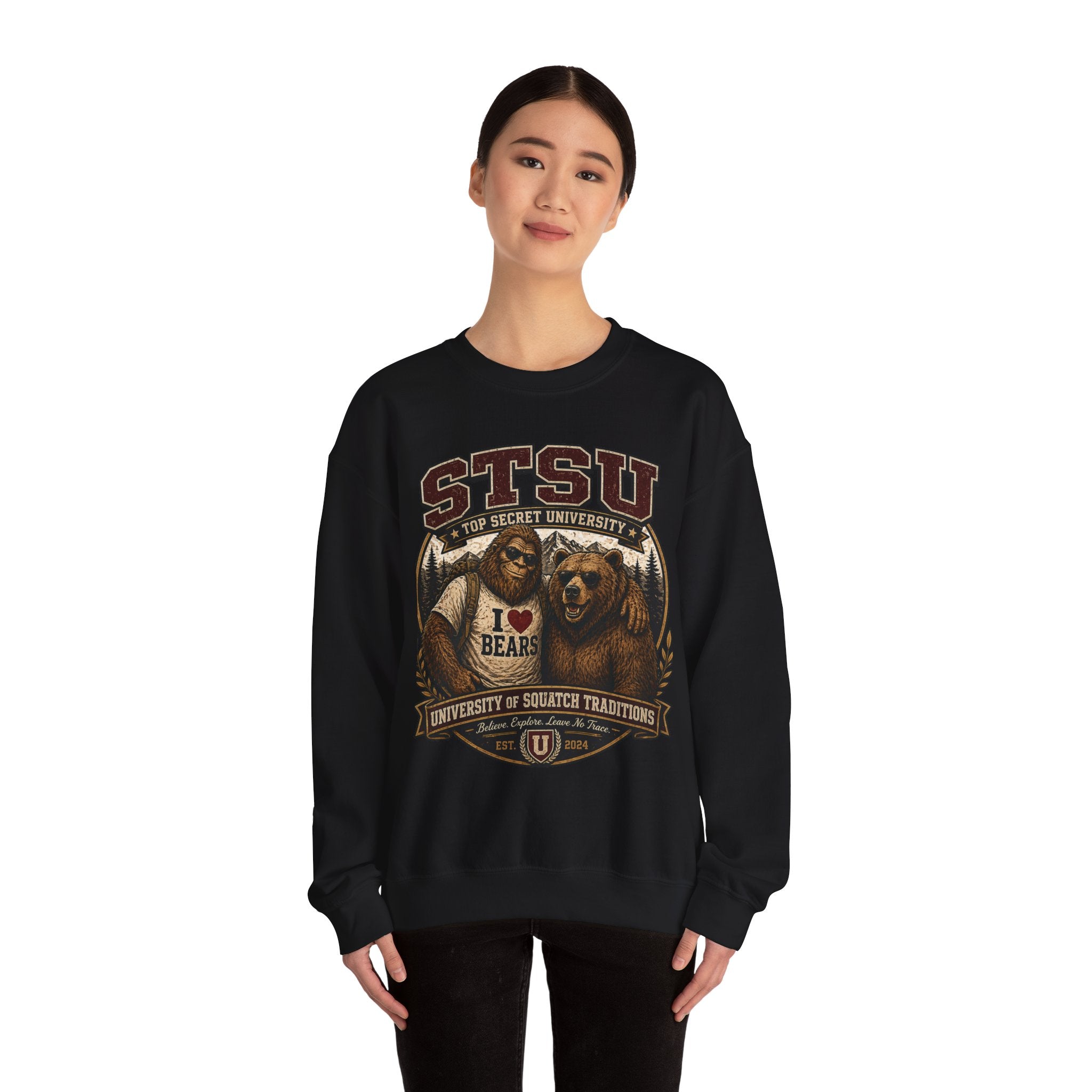 Squatchitis Top Secret University Bigfoot& Bear Crewneck Sweatshirt
