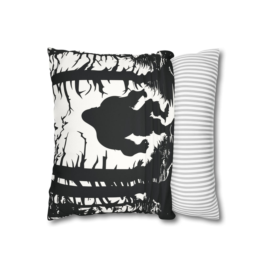 Bigfoot in Woods Faux Suede Square Pillowcase — Black & White Cryptid Throw Pillow