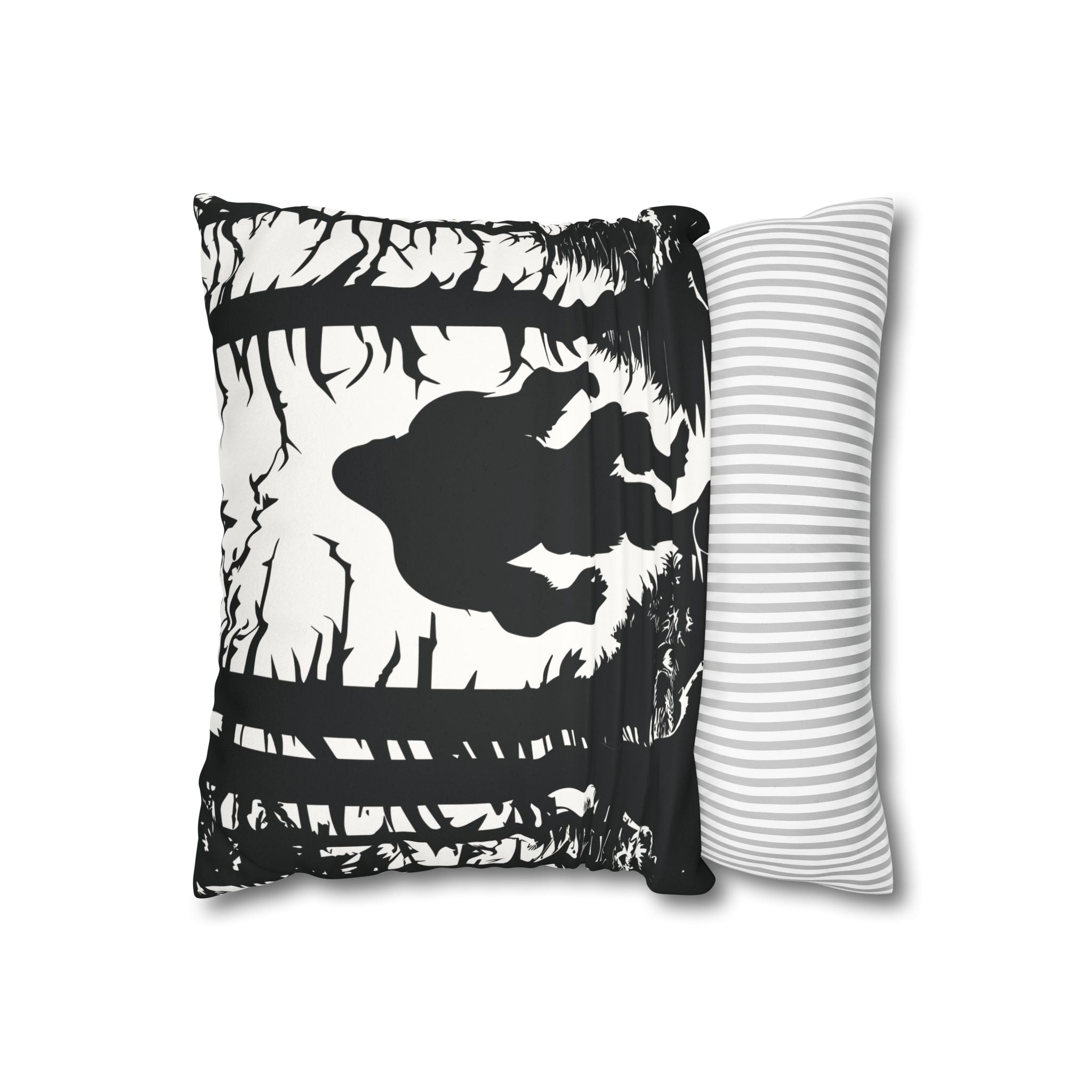 Bigfoot in Woods Faux Suede Square Pillowcase — Black & White Cryptid Throw Pillow