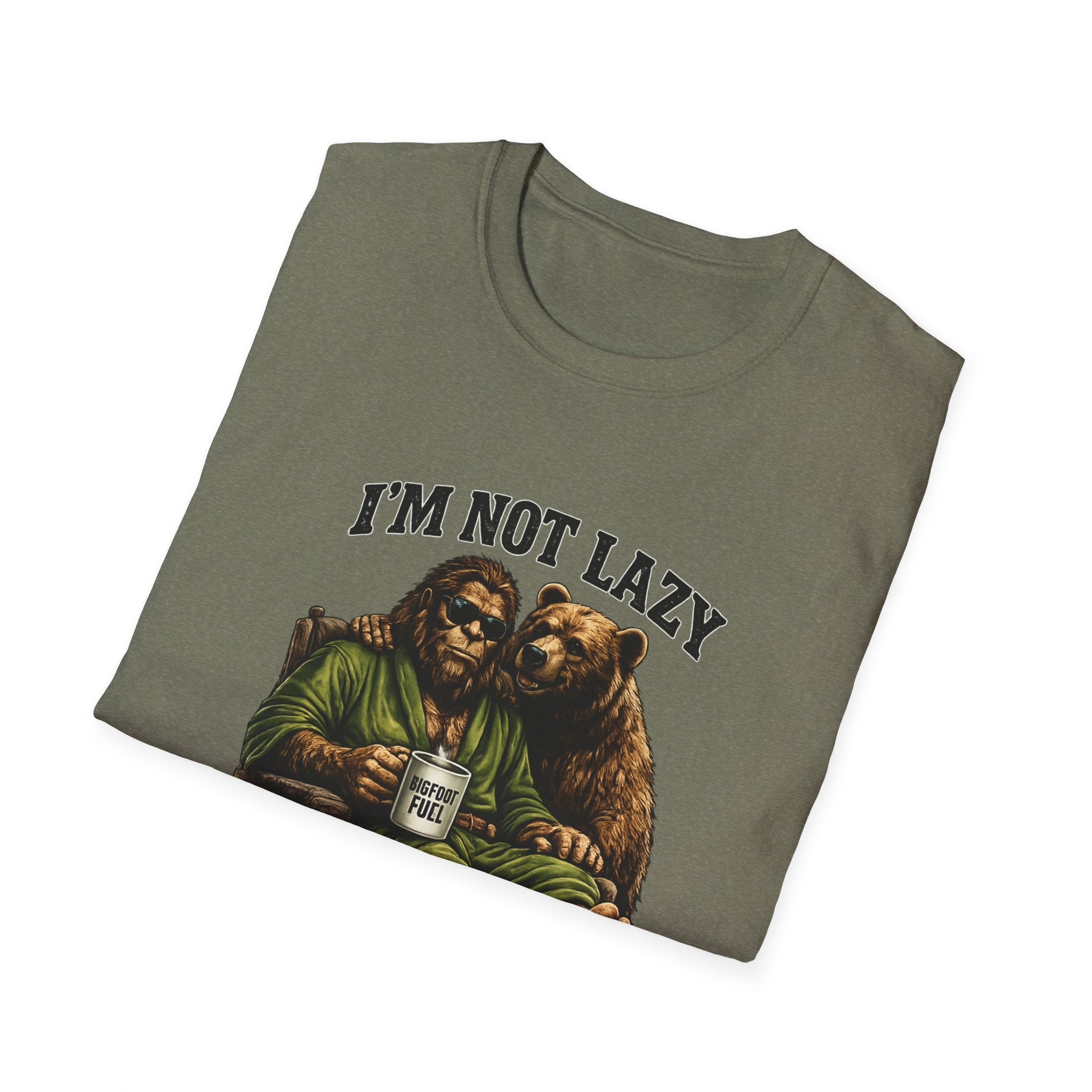 Squatch Mode Bigfoot with Coffee T-Shirt | Sasquatch Sitting with Bear Buddy