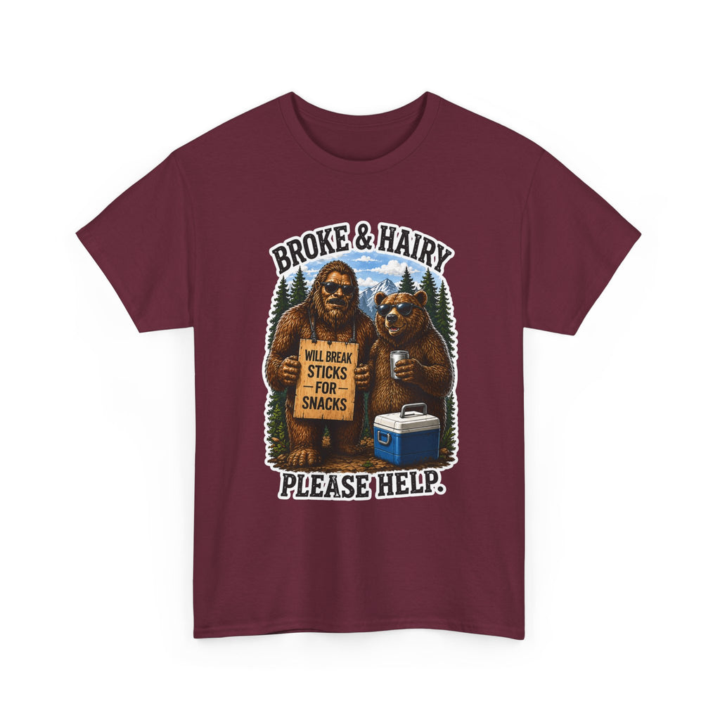 Broke and Harry Bigfoot and Bear Asking for Help T-Shirt | Cartoon Woodland Funny