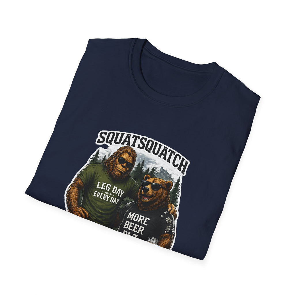Bigfoot Leg Day T-Shirt — "Squat Squatch" Gym Humor with Beer Buddy
