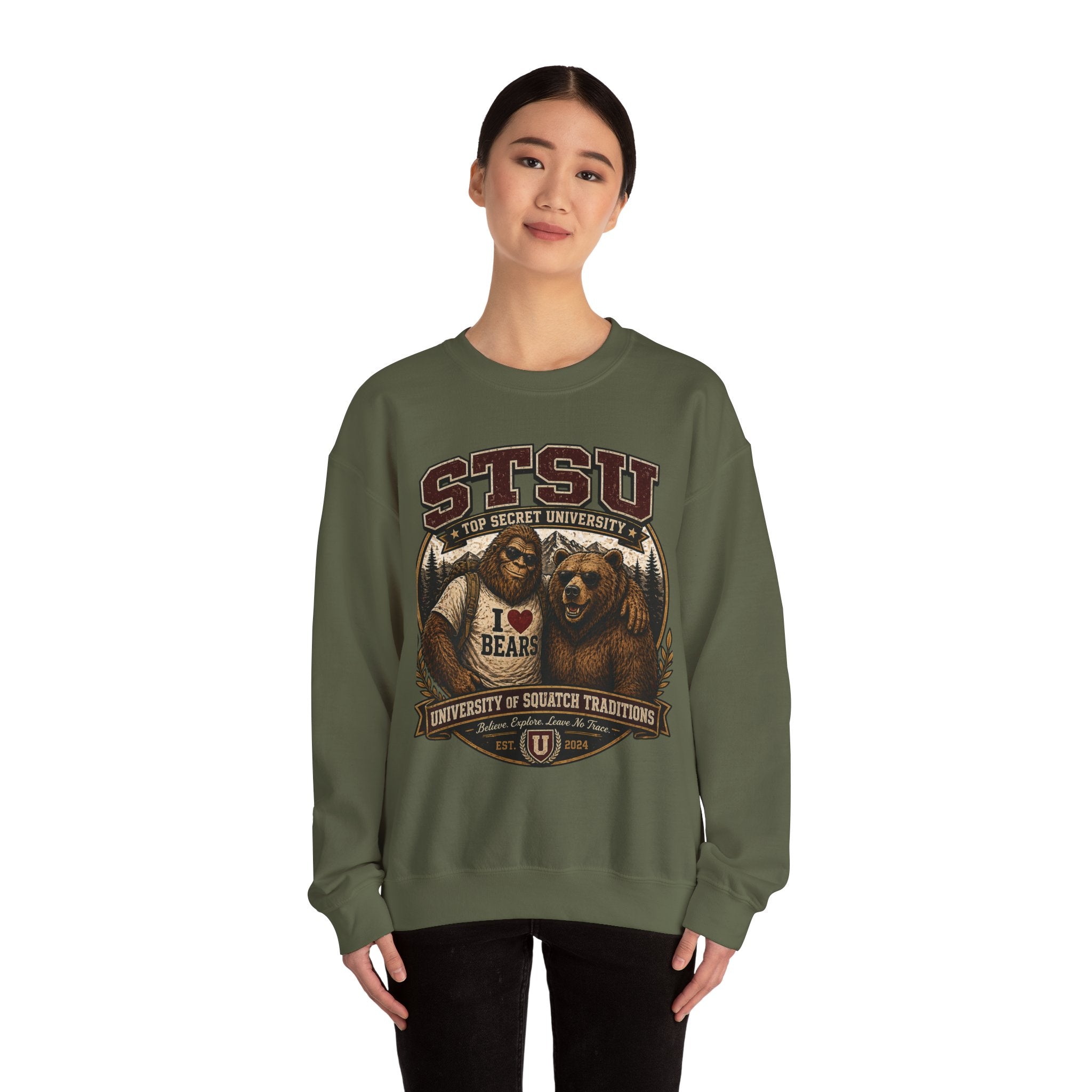 Squatchitis Top Secret University Bigfoot& Bear Crewneck Sweatshirt