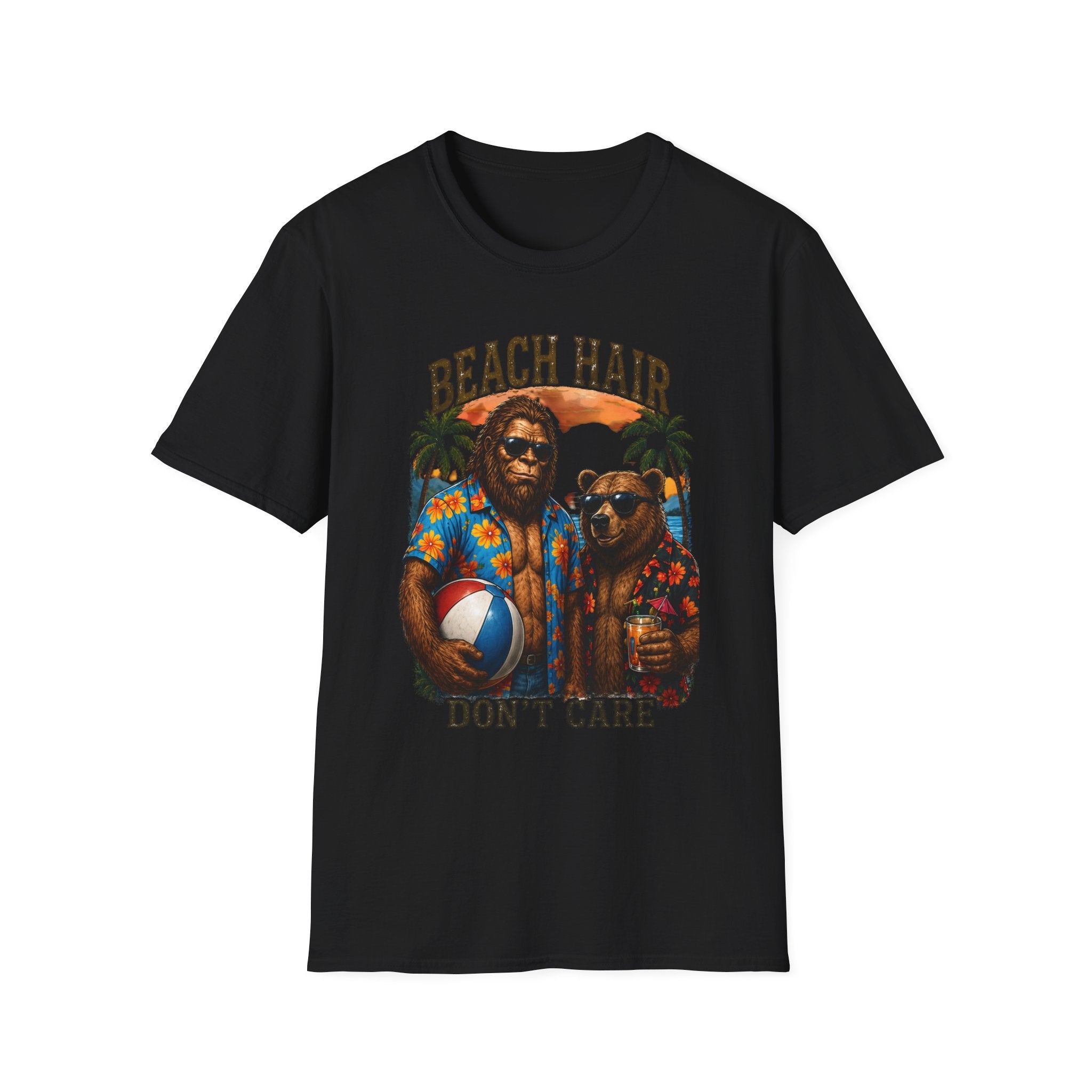Bigfoot Beach Shirt T-Shirt — "Beach Hair Don't Care" with Hawaiian Bigfoot & Bear