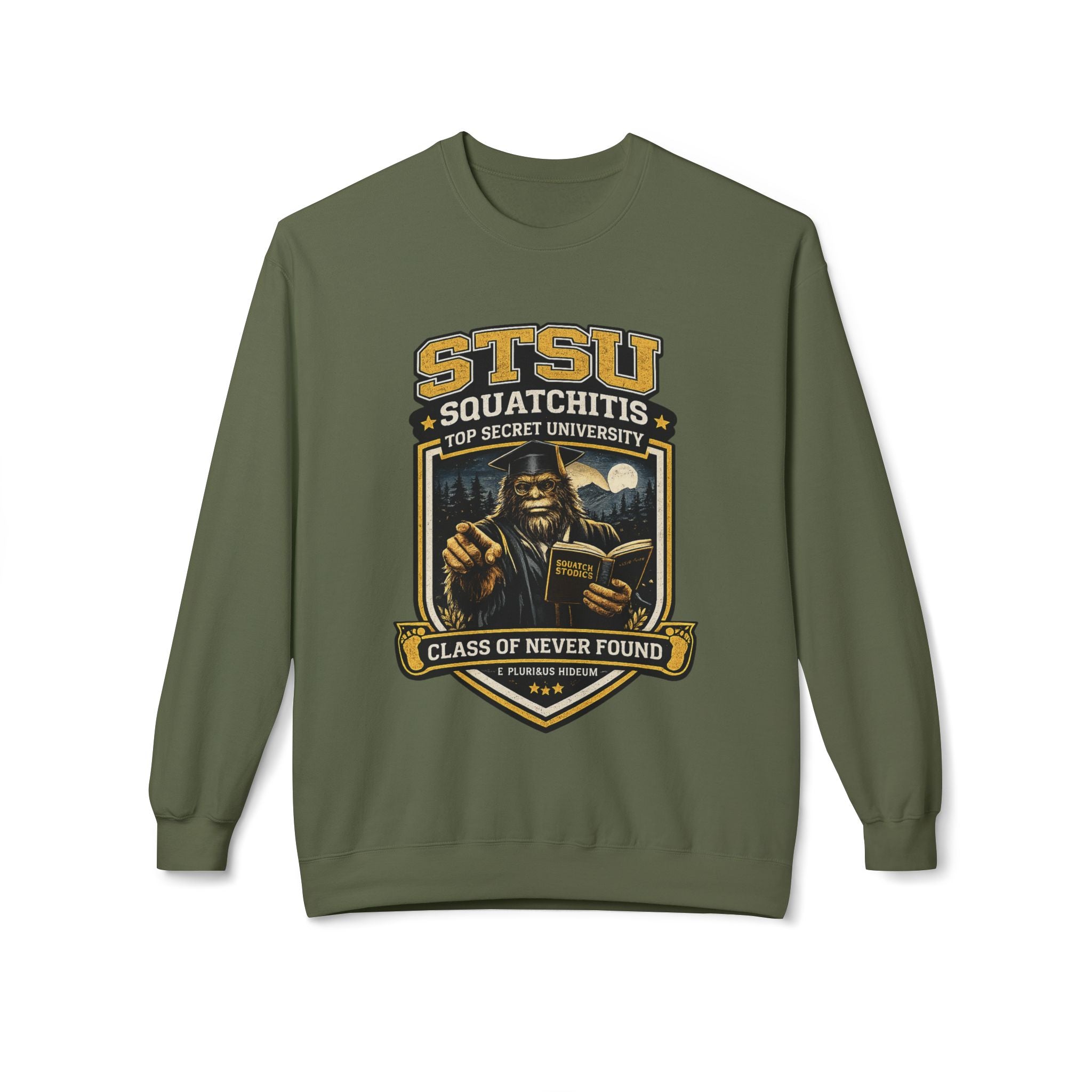 Squatchitis University Bigfoot in Cap and Gown Sweatshirt